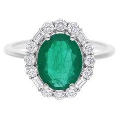 1.87Ct Oval Cut Emerald and Diamond Halo Cluster 14k Solid Gold Fine Jewlery