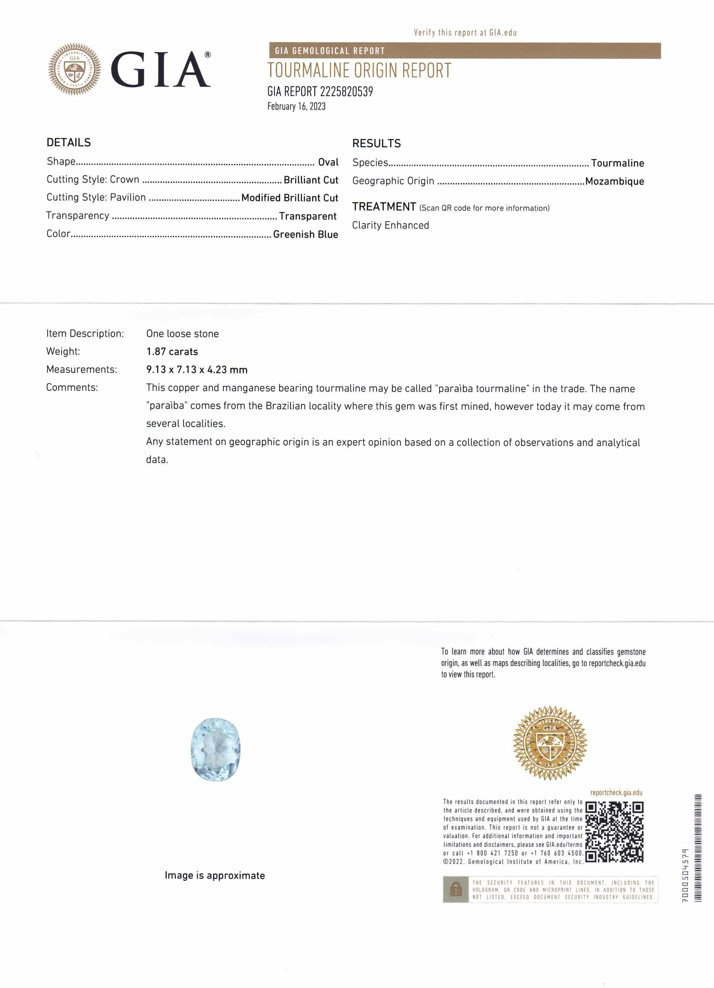 Women's or Men's 1.87ct Oval Greenish Blue Paraiba Tourmaline GIA Certified Mozambique For Sale