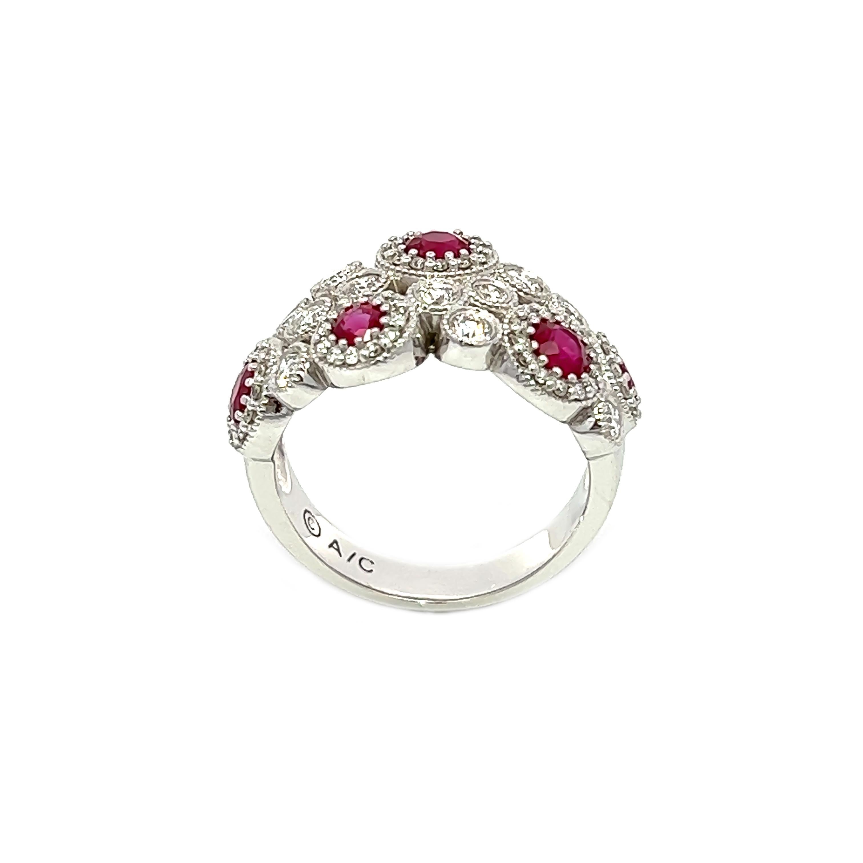 This exquisite piece of jewelry showcases six stunning Ruby Stones weighing 1.06ct, elegantly complemented by 0.81ct of Round Brilliant Diamonds. Crafted from 18k white gold, this ring is a true masterpiece that will make a lasting impression.