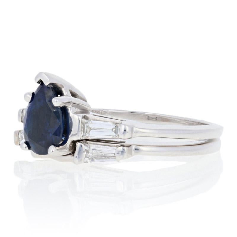 These rings are a size 6 1/2.

Metal Content: Guaranteed 14k Gold as stamped

Stone Information:
Genuine Sapphire
Treatment: Heating  
Color: Blue  
Cut: Pear
Carat: 1.32ct 

Natural Diamonds  
Clarity: VS1 - VS2
Color: E - F  
Cut: Baguette
Carats:
