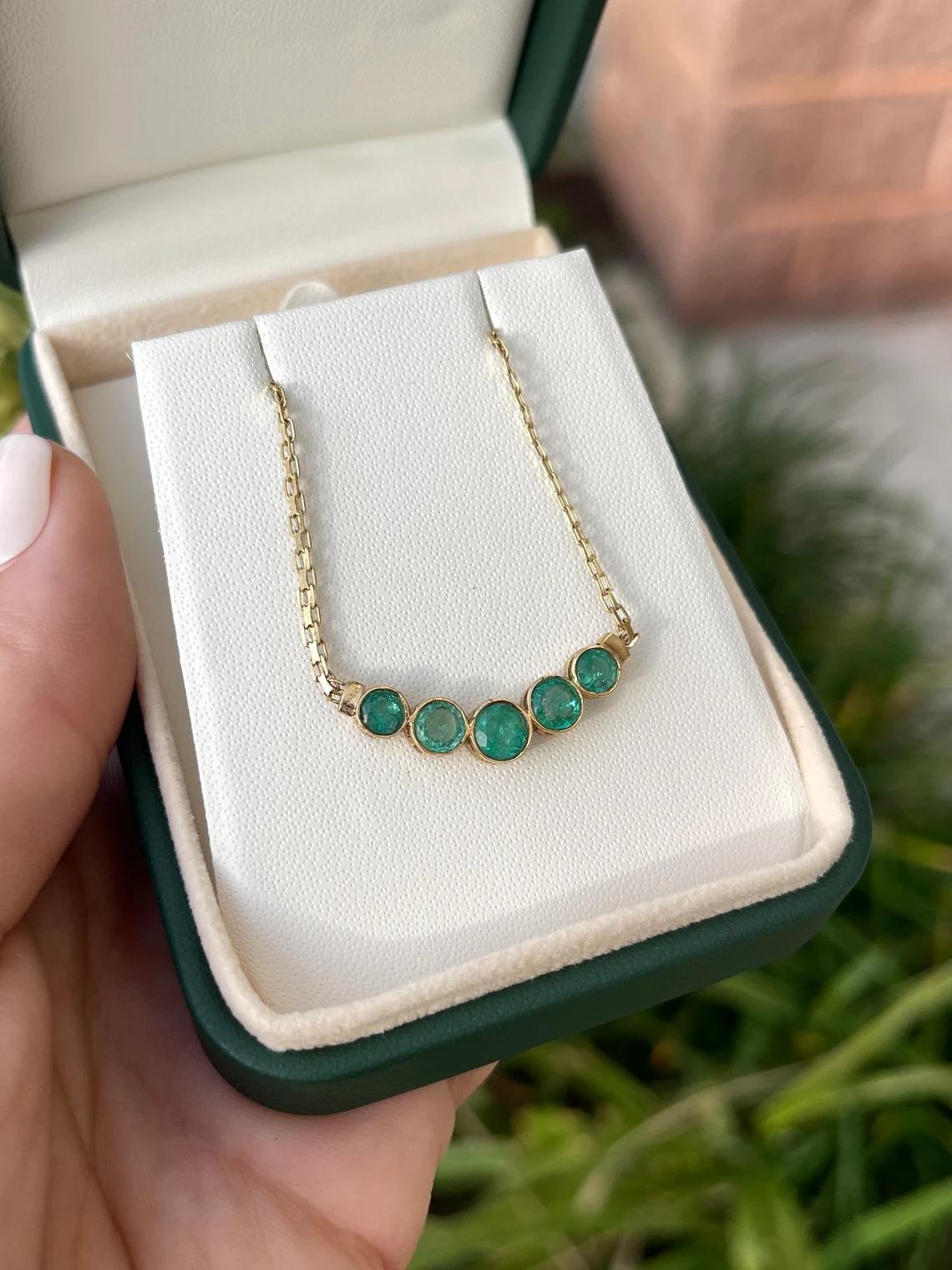 1.87tcw 14K Natural 5 Round Cut Emerald Bezel Set Bib Yellow Gold Necklace  In New Condition For Sale In Jupiter, FL