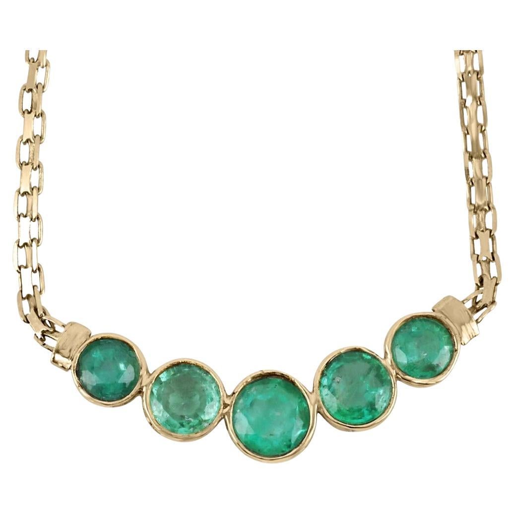 1.87tcw 14K Natural 5 Round Cut Emerald Bezel Set Bib Yellow Gold Necklace  For Sale