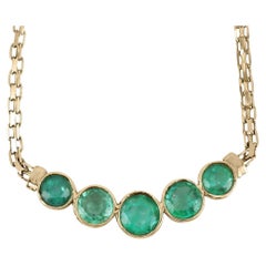 1.87tcw 14K Natural 5 Round Cut Emerald Bezel Set Bib Yellow Gold Necklace 