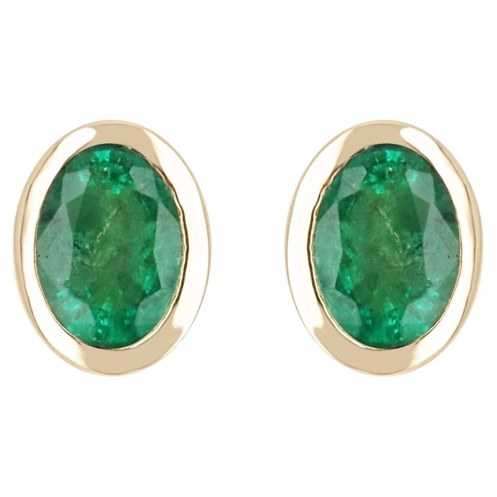 1.87tcw 14K Natural Emerald-Oval Cut Bezel Set Yellow Gold Stud Earrings For Sale