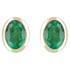 1.87tcw 14K Natural Emerald-Oval Cut Bezel Set Yellow Gold Stud Earrings