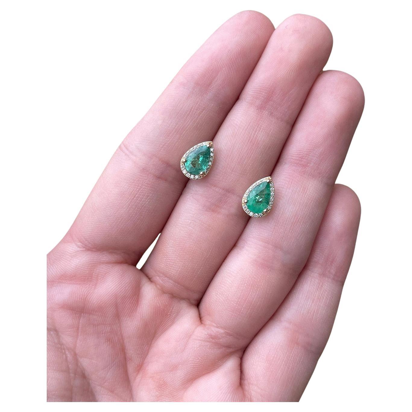 1.87tcw Teardrop Emerald & Diamond Halo Earrings 14K Pear Emerald Studs Real