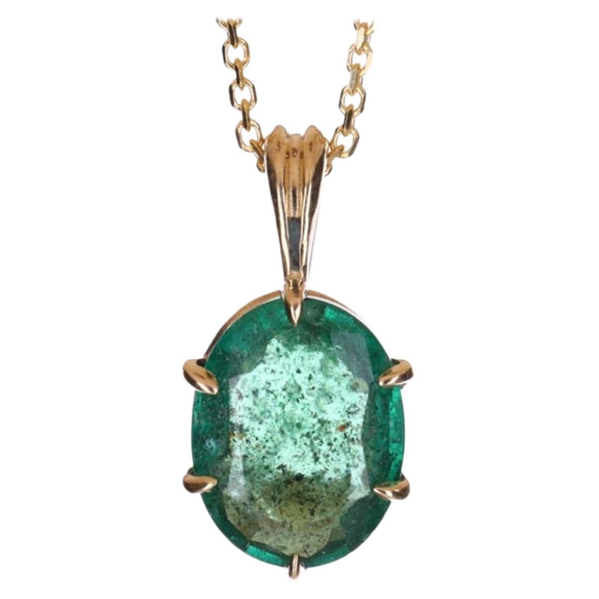 1.88-Carat 14K Emerald Solitaire Oval Cut 6-Prong Gold Pendant For Sale