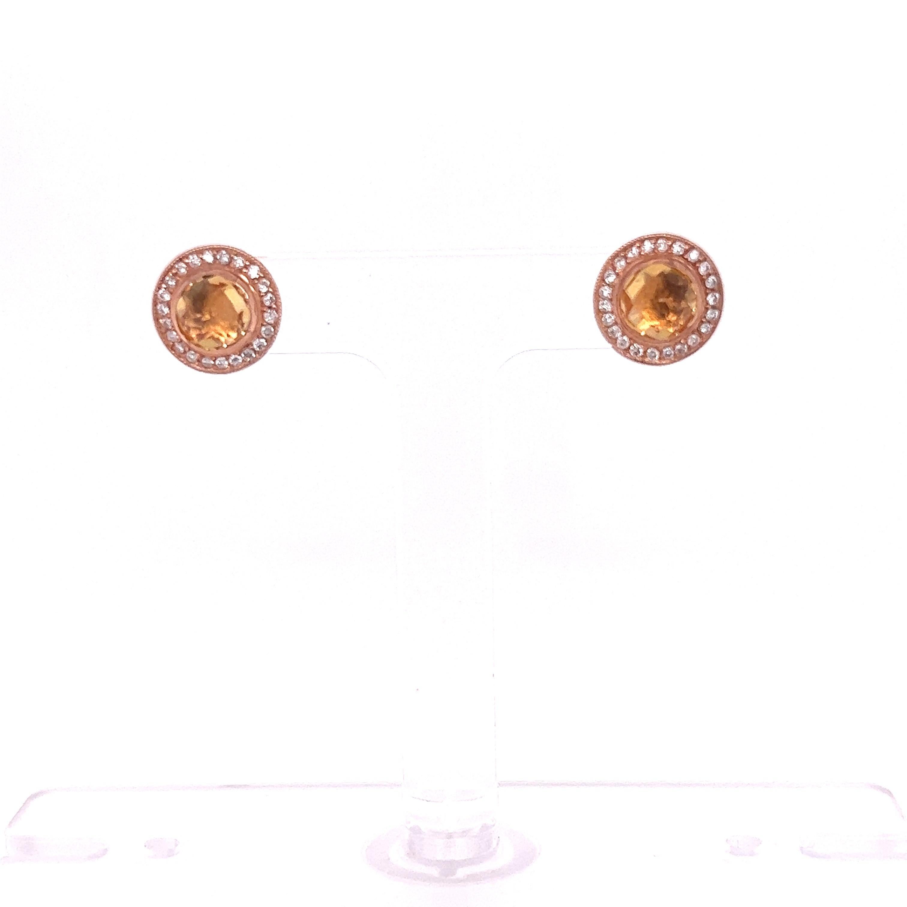 Round Cut 1.88 Carat Citrine Diamond Rose Gold Earrings For Sale