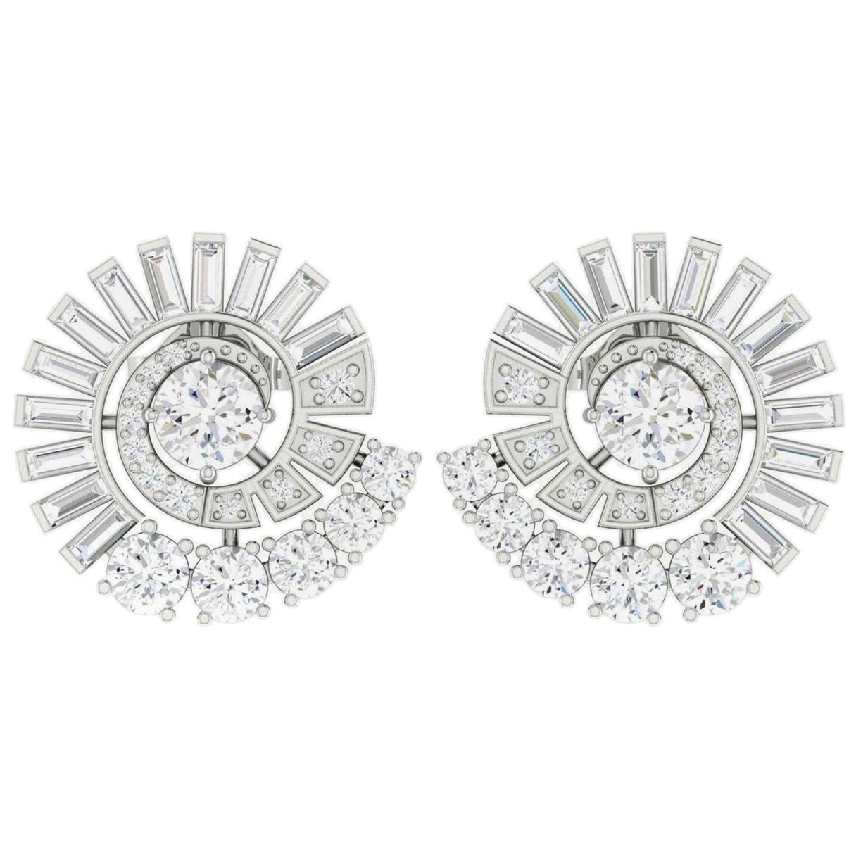 1.88 Carat Diamond 18 Karat White Gold Spiral Stud Earrings For Sale