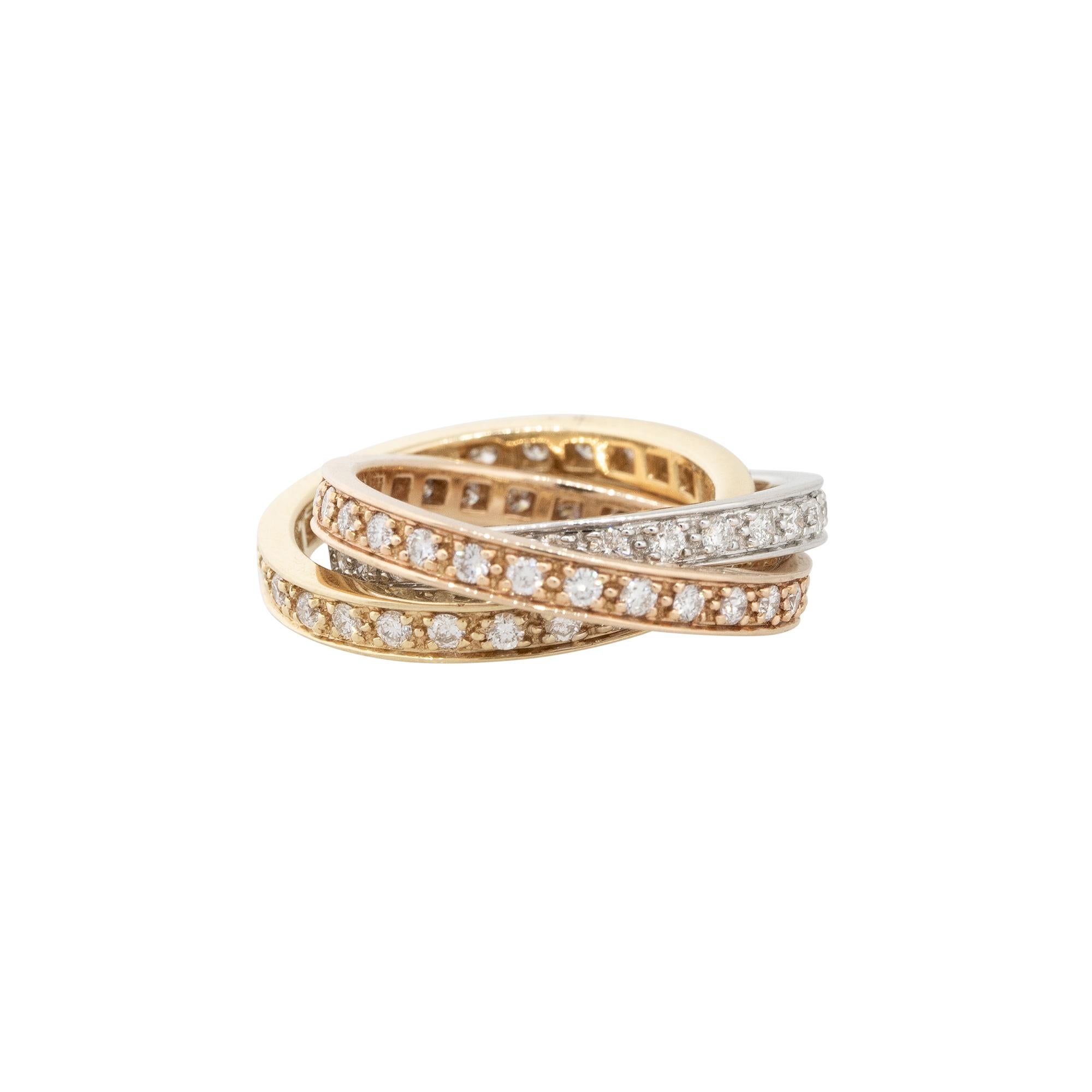 18k Multi-Tone Gold 1.88ctw Diamond Intertwined Ring
Style: Women's Diamond Intertwined Ring
Material: 18k White, Yellow, and Rose Gold
Diamond Details: Approximately 1.88ctw of Round Brilliant cut Diamonds. The 3 rings are intertwined (1 Rose Gold,