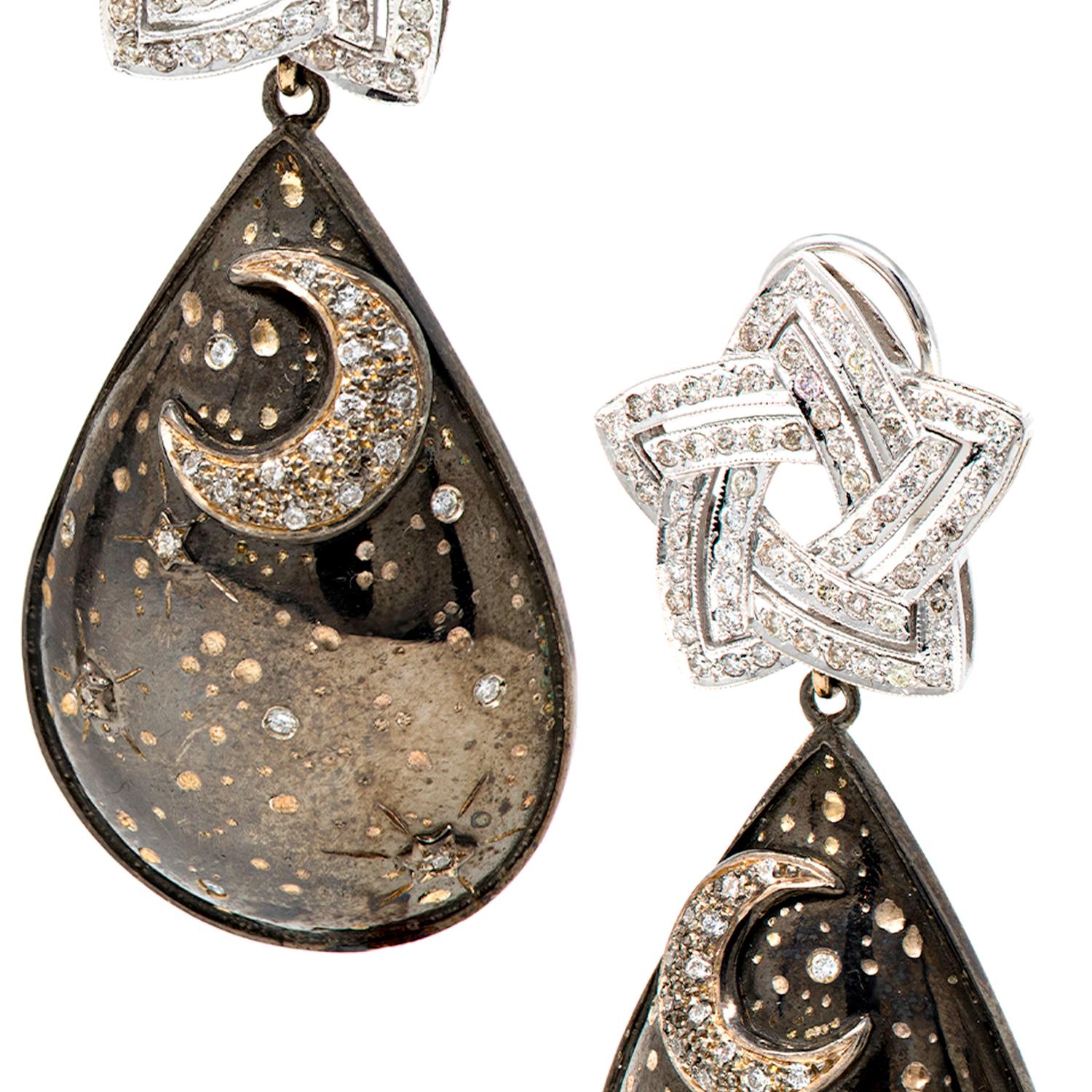 Brilliant Cut 21st Century Diamonds Moon Stars Black Rhodium Silver White Gold Earrings Omega
