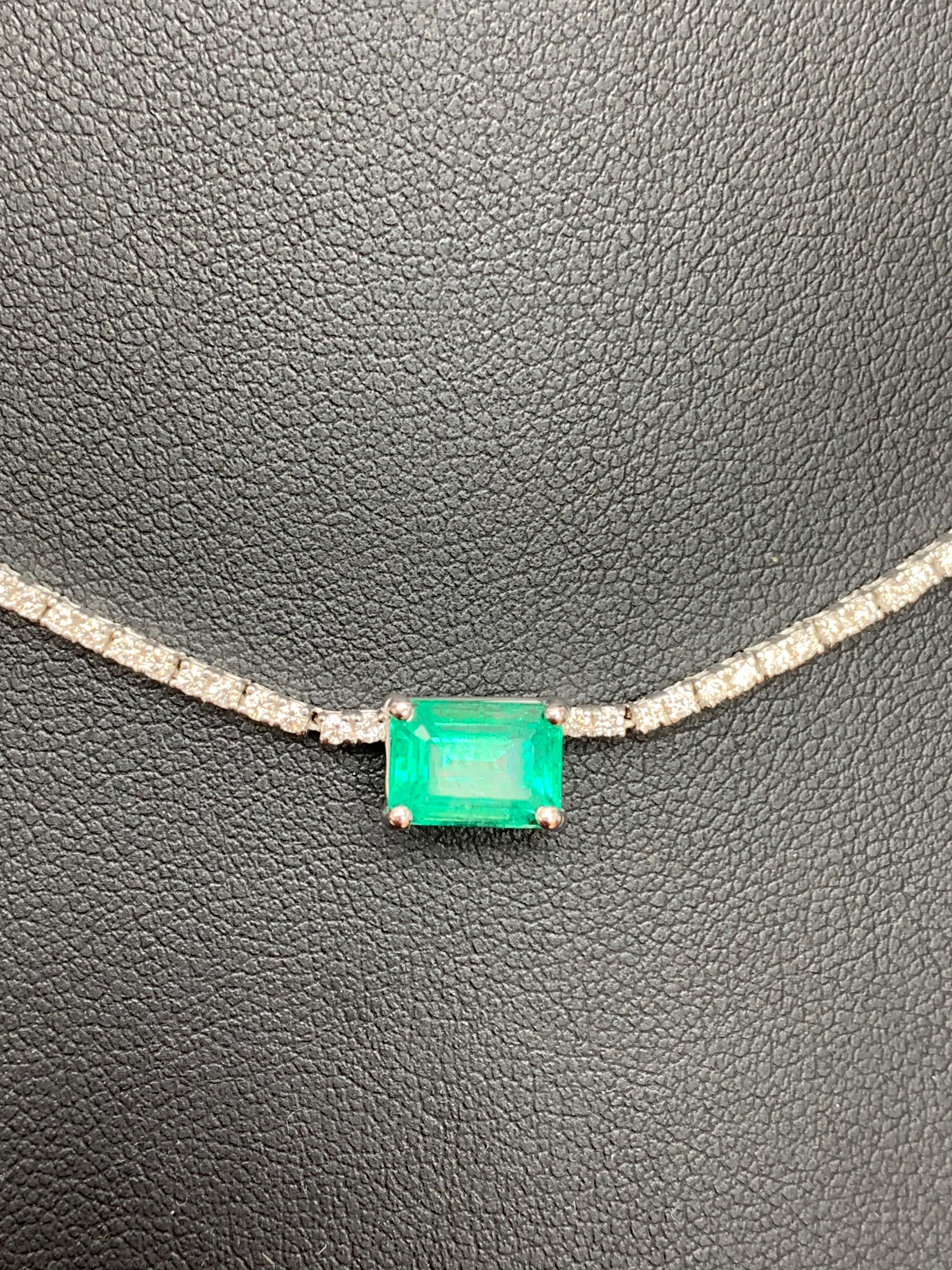 Modern 1.88 Carat Emerald Cut Emerald and Diamond Tennis Necklace in 14k White Gold For Sale