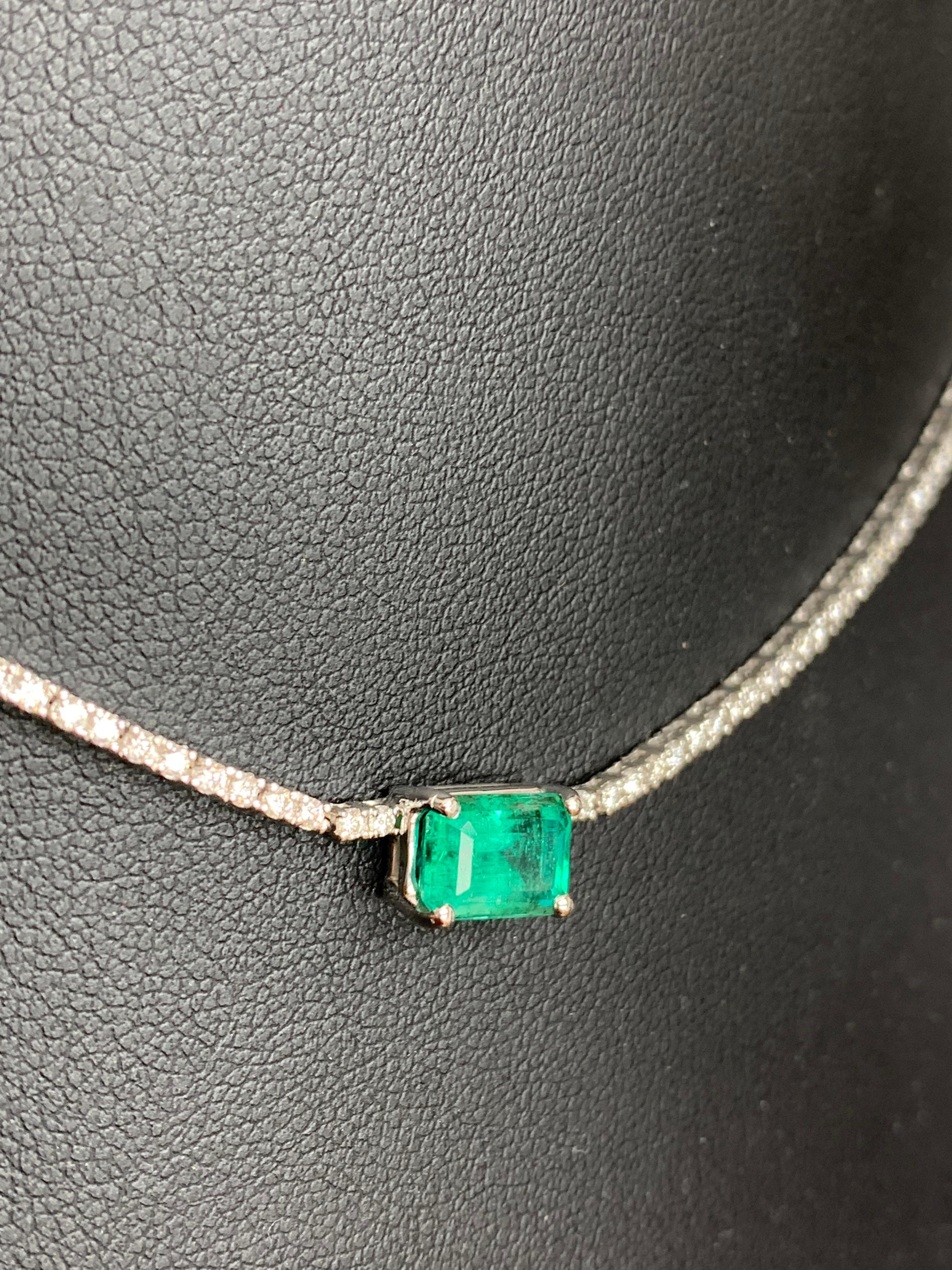 1.88 Carat Emerald Cut Emerald and Diamond Tennis Necklace in 14k White Gold For Sale 1