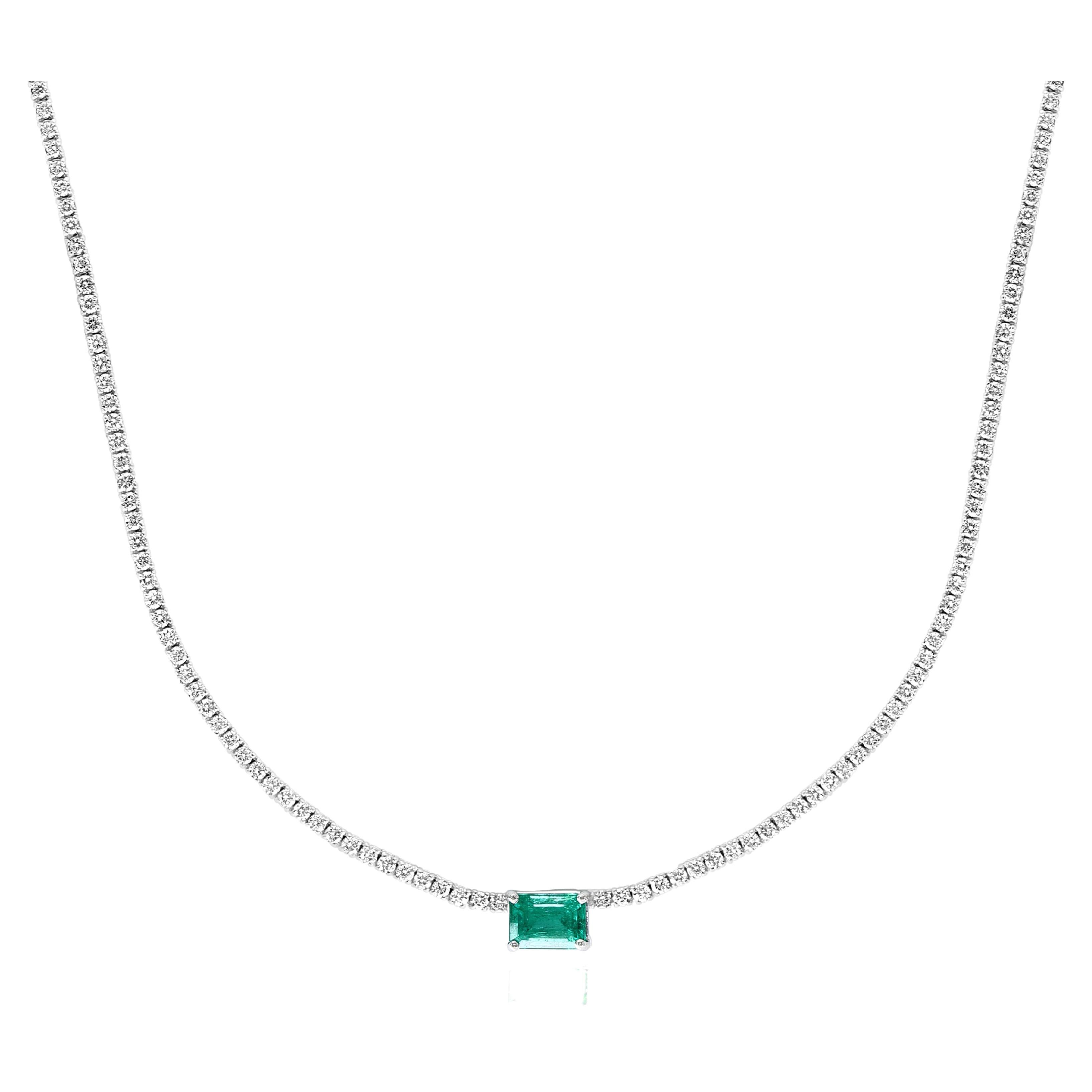 1.88 Carat Emerald Cut Emerald and Diamond Tennis Necklace in 14k White Gold For Sale