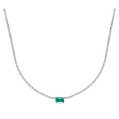 1.88 Carat Emerald Cut Emerald and Diamond Tennis Necklace in 14k White Gold