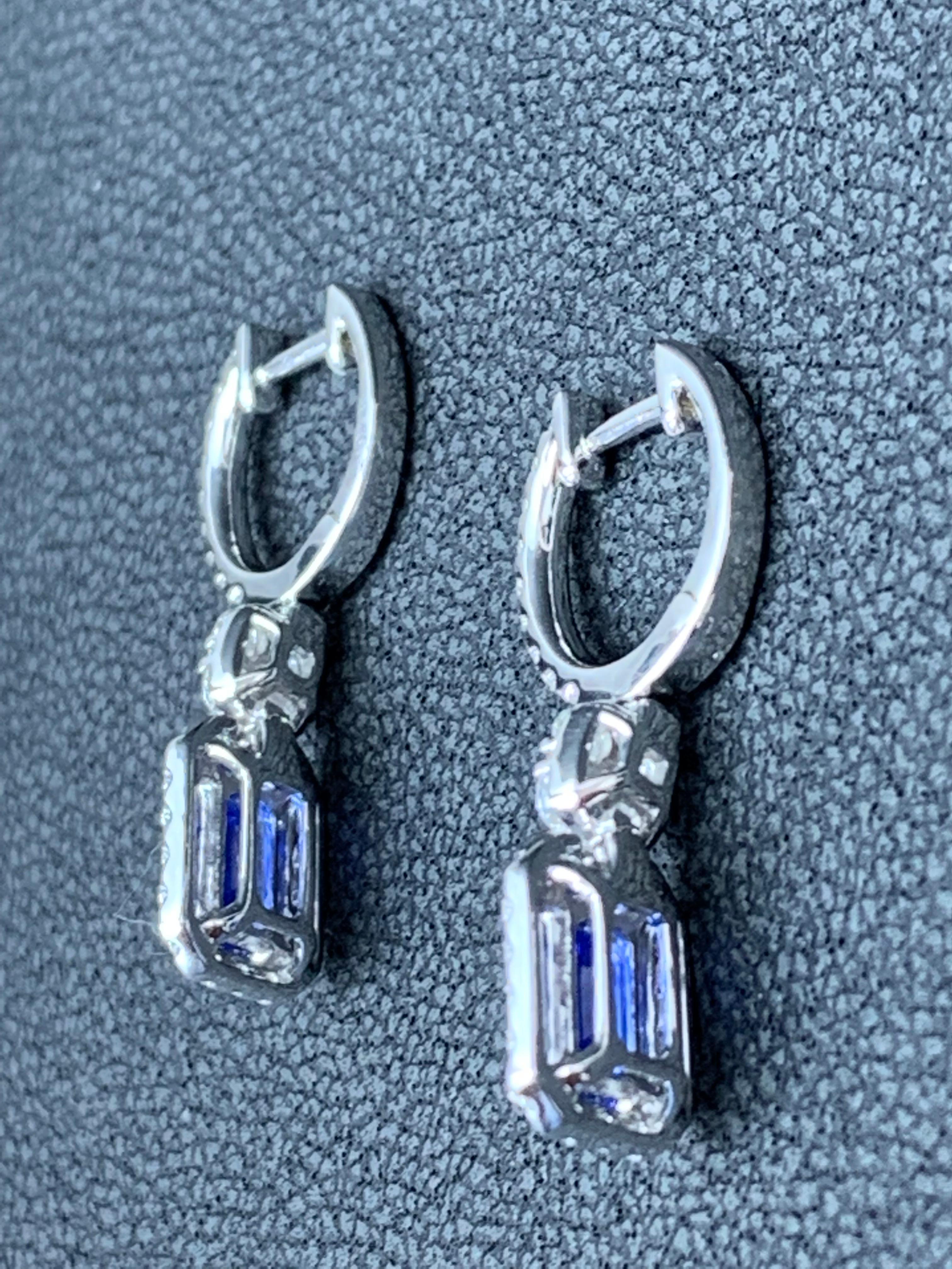 Contemporary 1.88 Carat Emerald Cut Sapphire and Diamond Dangle Earrings in 18K White Gold For Sale