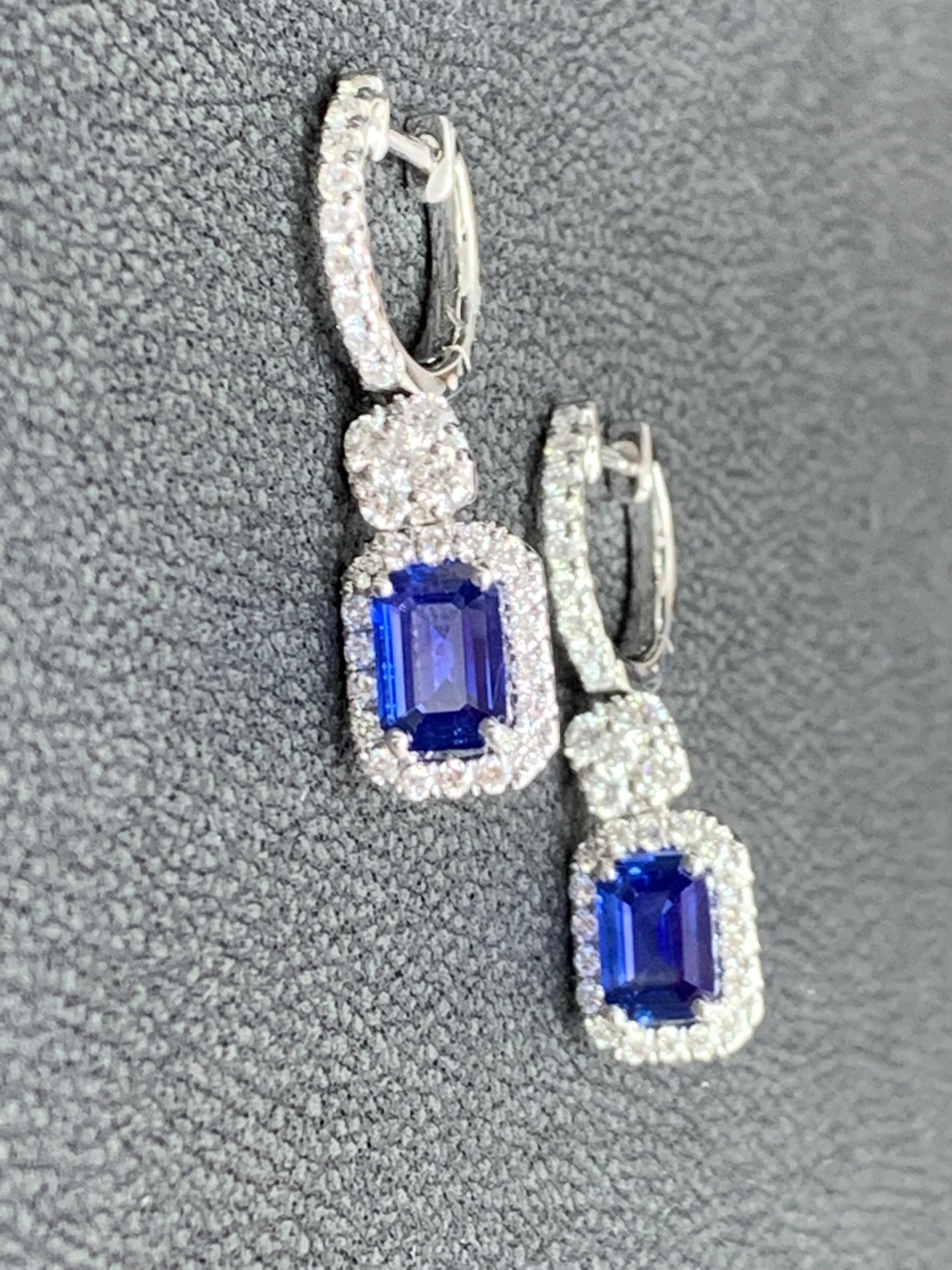 1.88 Carat Emerald Cut Sapphire and Diamond Dangle Earrings in 18K White Gold In New Condition For Sale In NEW YORK, NY