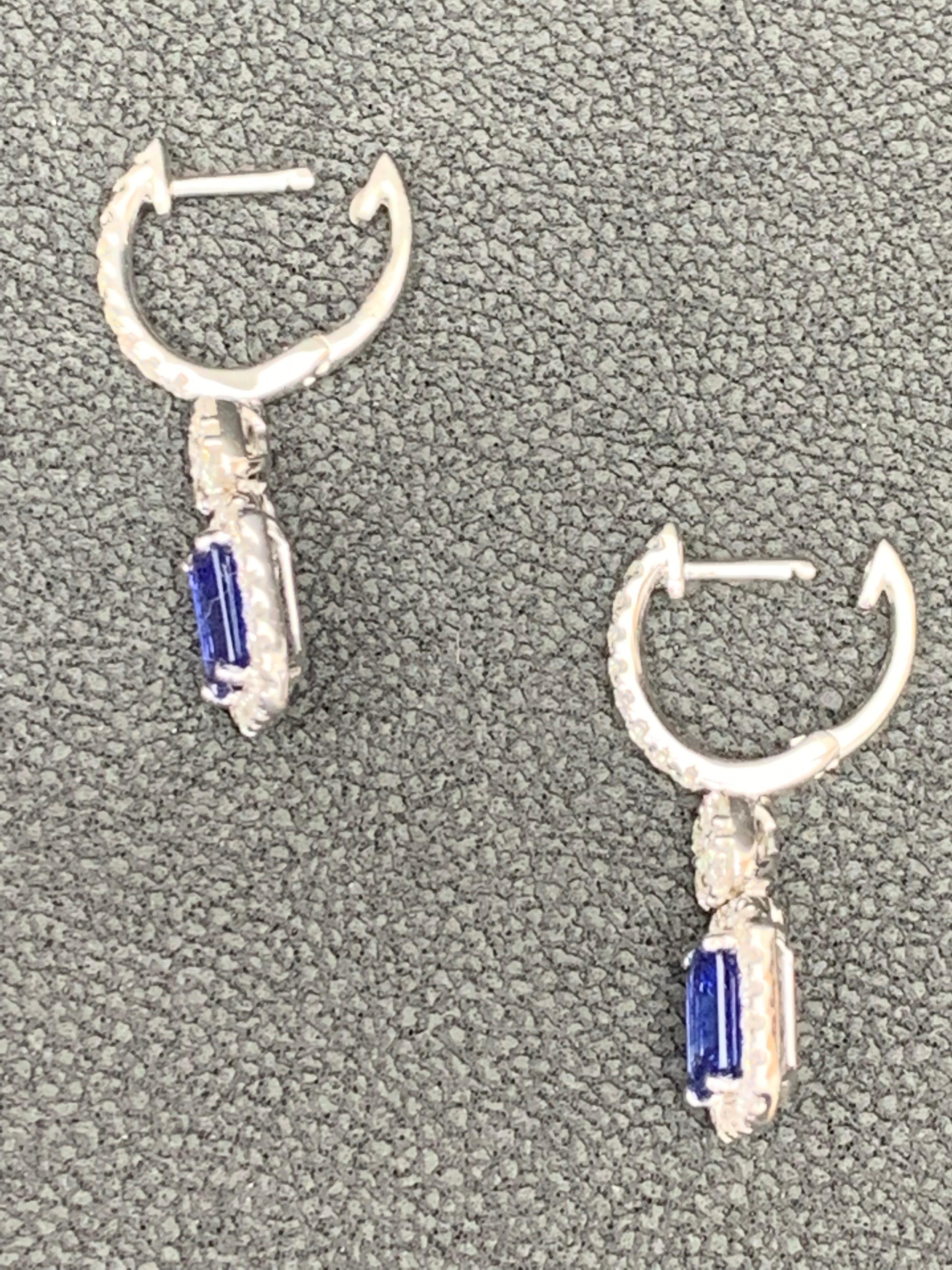 Women's 1.88 Carat Emerald Cut Sapphire and Diamond Dangle Earrings in 18K White Gold For Sale