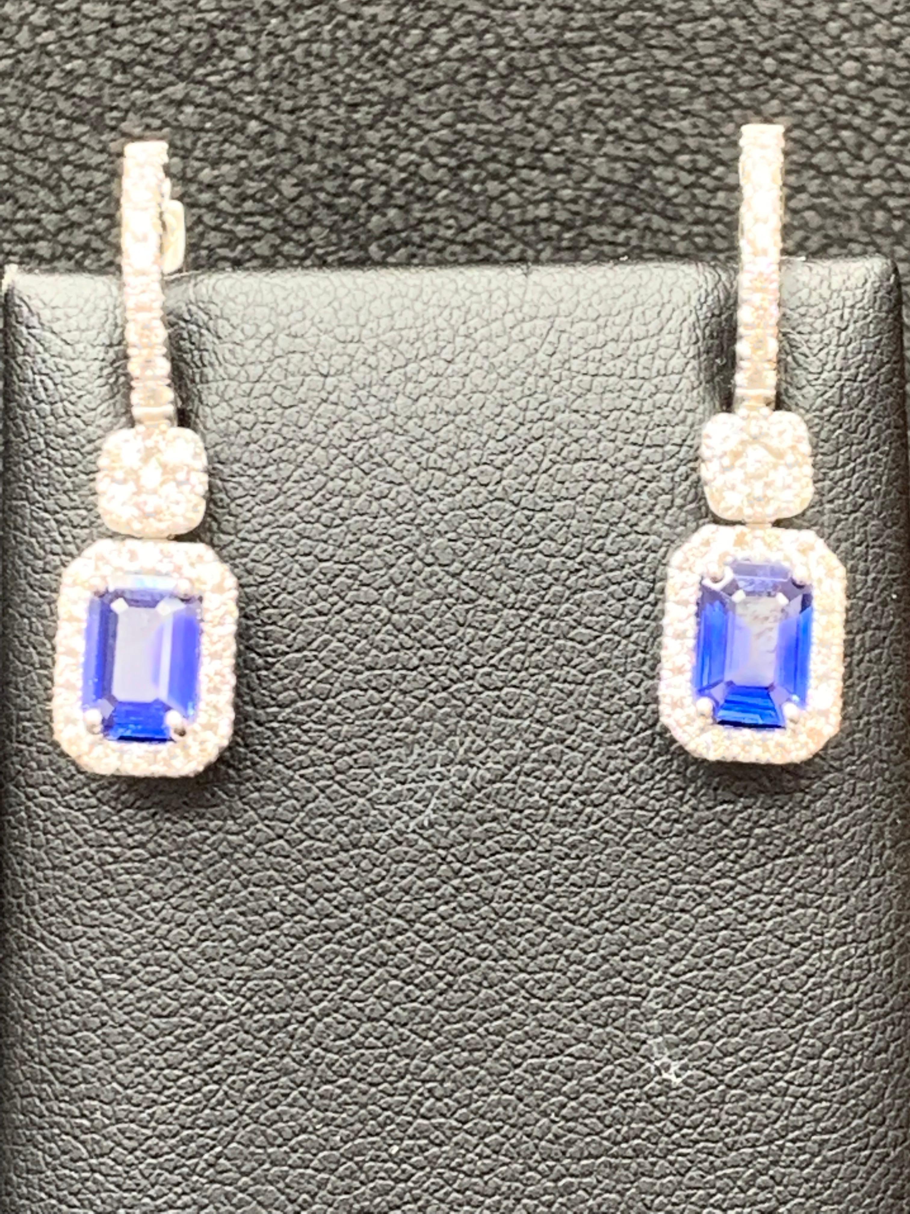 1.88 Carat Emerald Cut Sapphire and Diamond Dangle Earrings in 18K White Gold For Sale 1