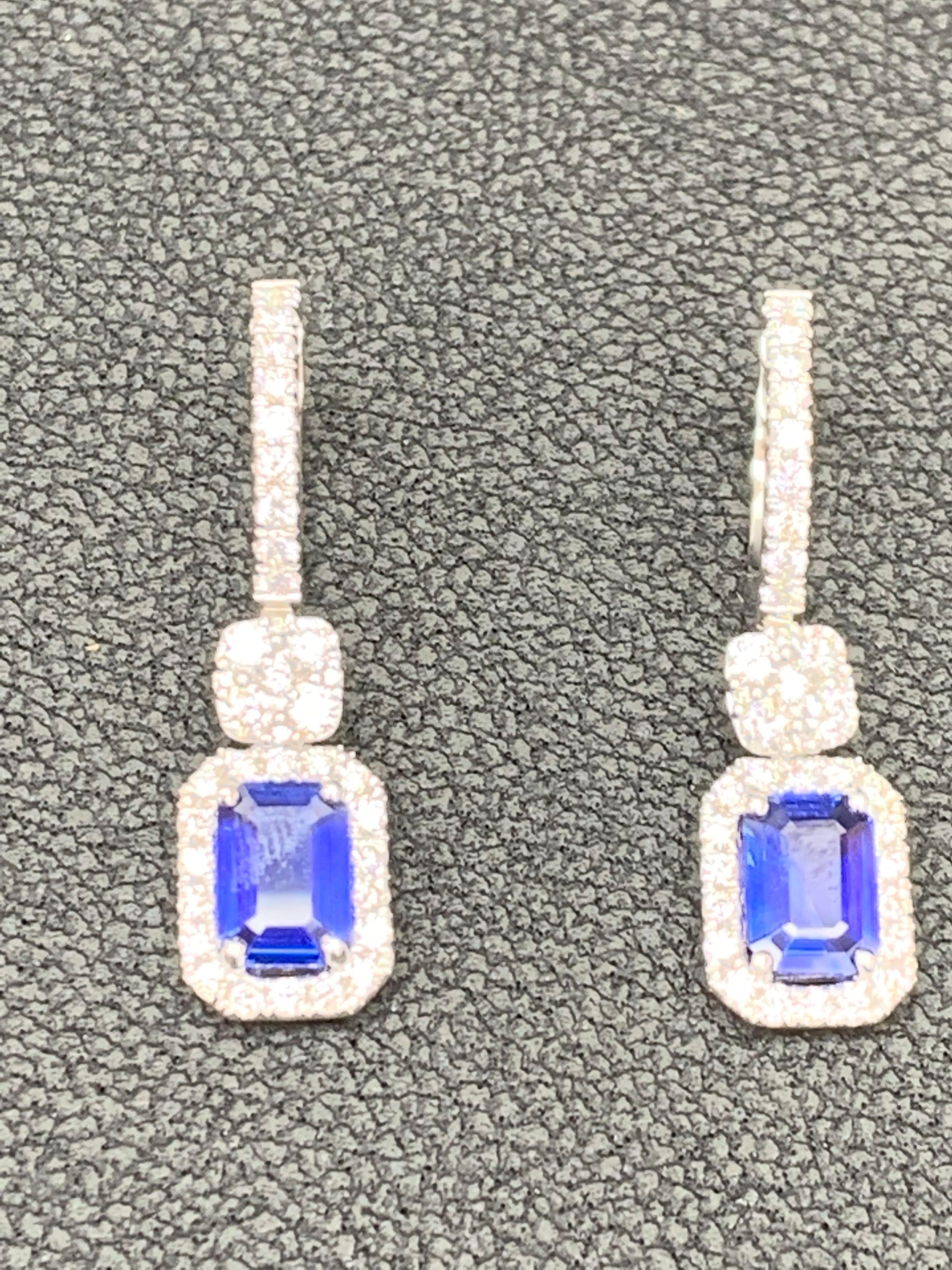 1.88 Carat Emerald Cut Sapphire and Diamond Dangle Earrings in 18K White Gold For Sale 2