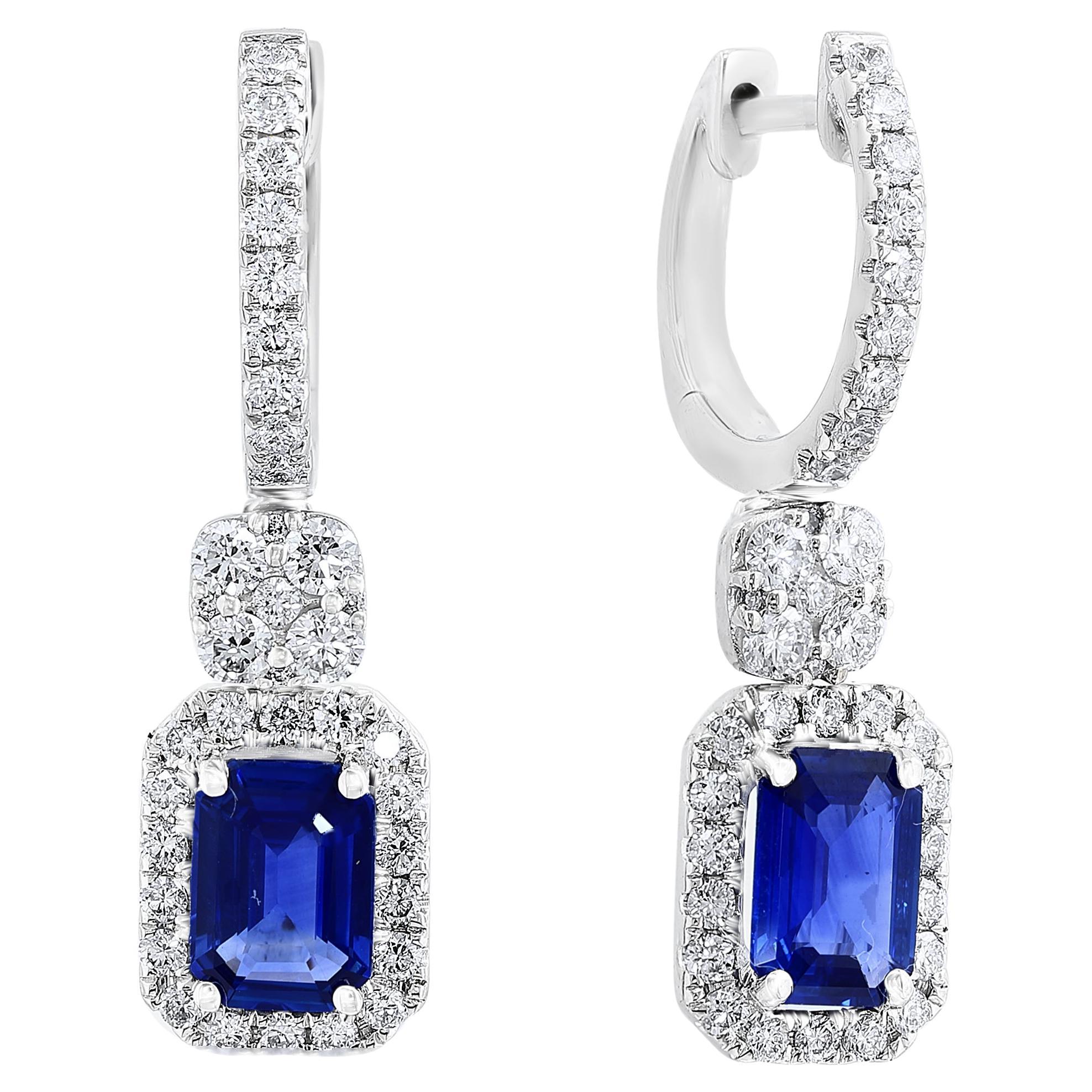 1.88 Carat Emerald Cut Sapphire and Diamond Dangle Earrings in 18K White Gold