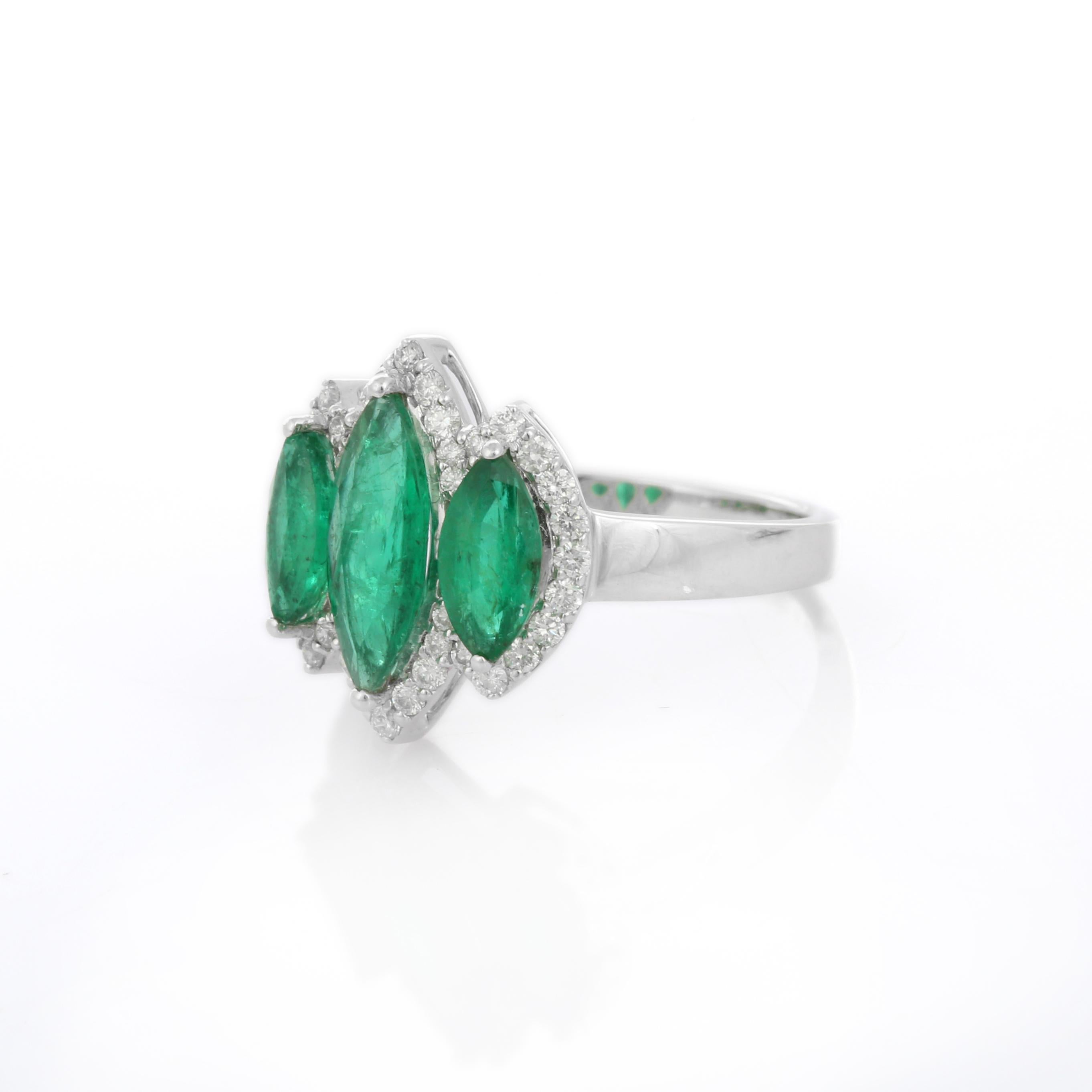For Sale:  1.88 Carat Emerald Three Stone Ring with Diamonds in 18K White Gold 3