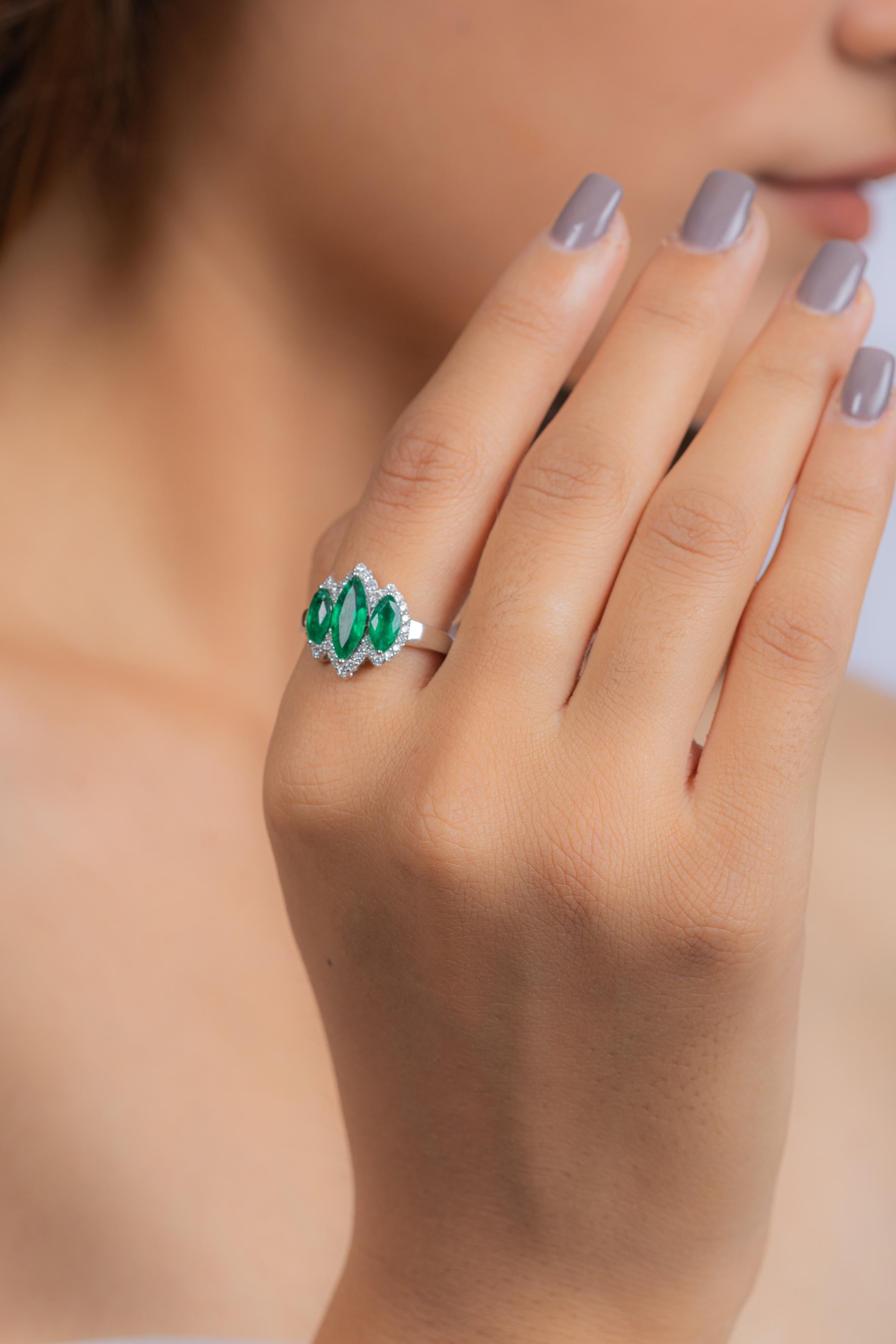 For Sale:  1.88 Carat Emerald Three Stone Ring with Diamonds in 18K White Gold 4