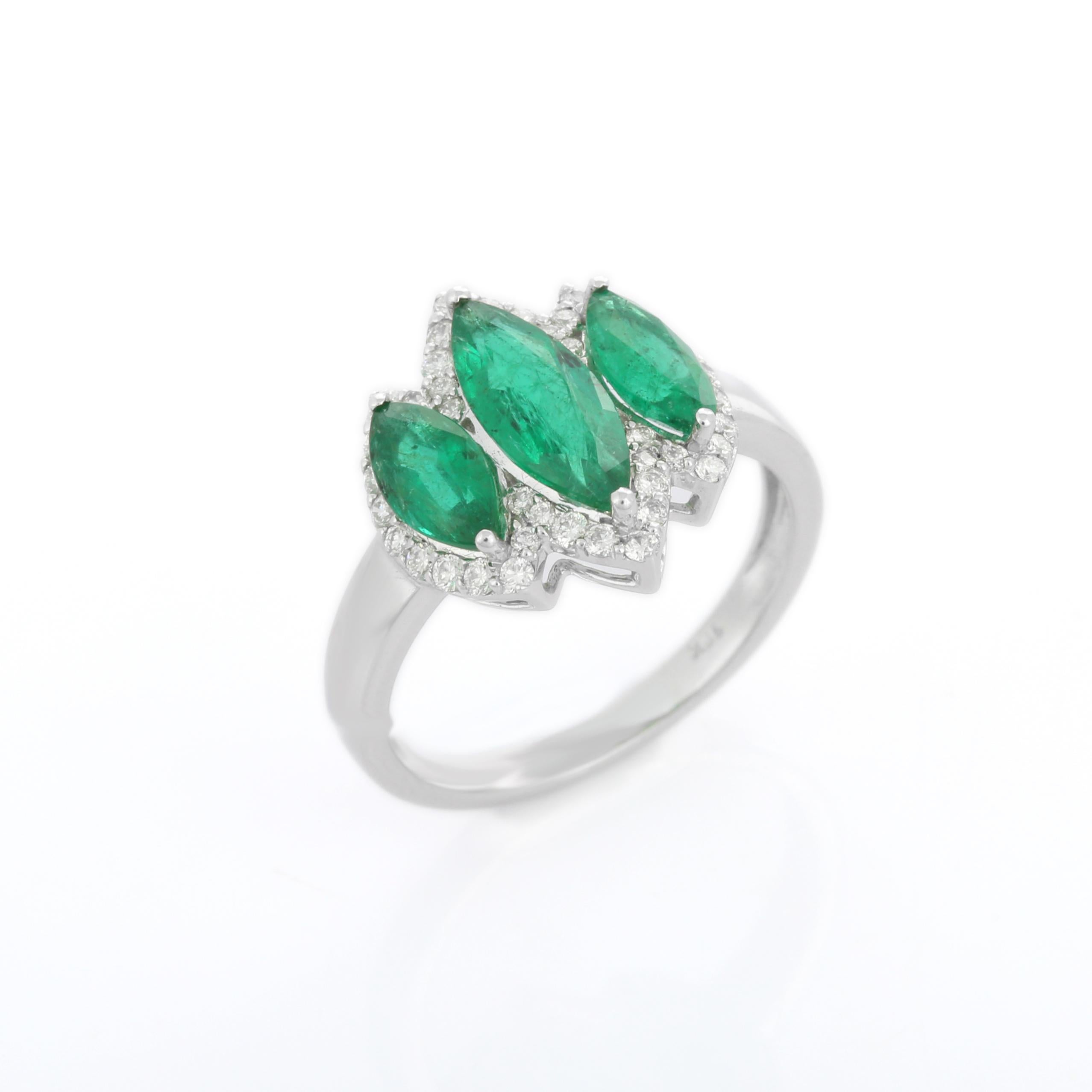 For Sale:  1.88 Carat Emerald Three Stone Ring with Diamonds in 18K White Gold 5
