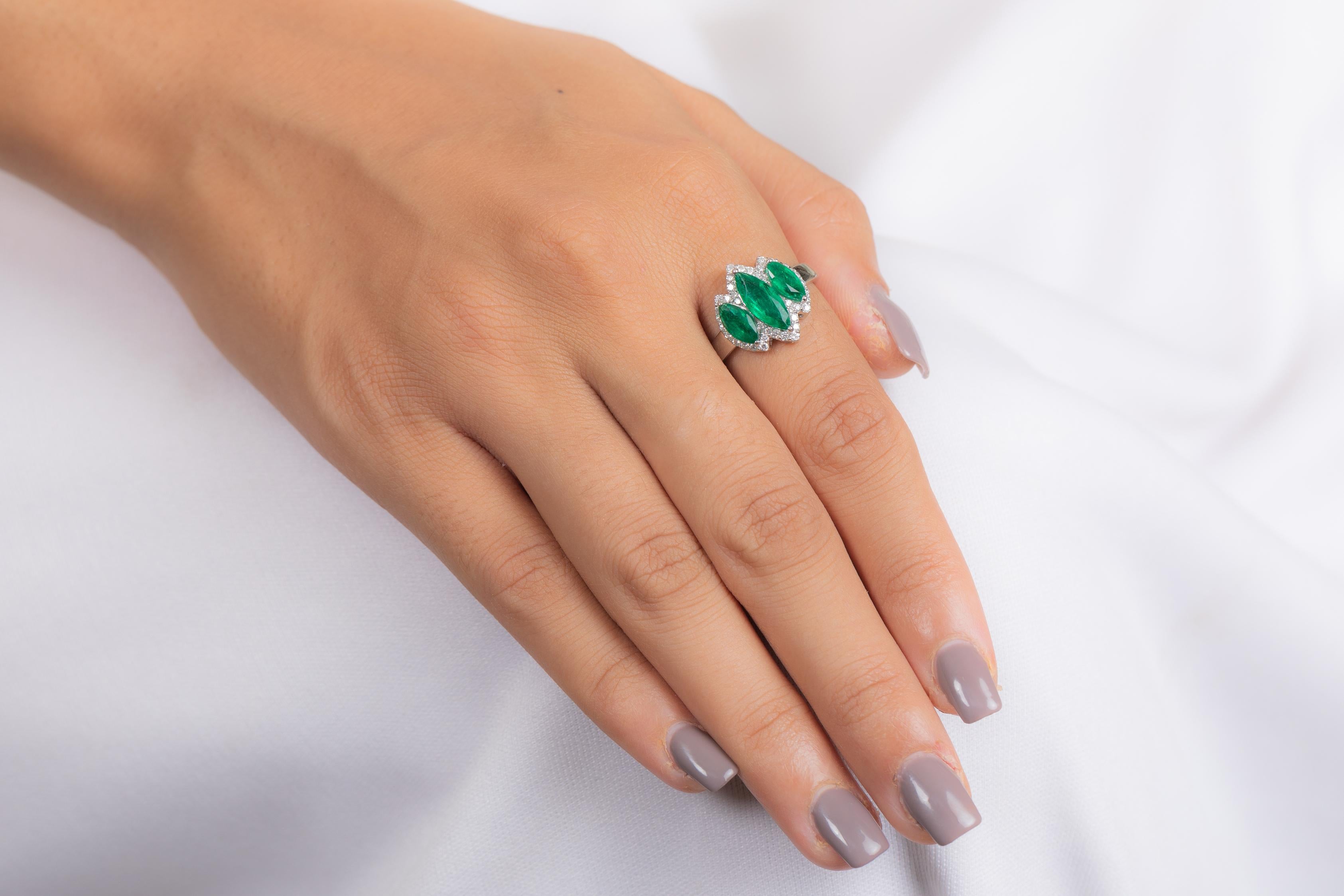 For Sale:  1.88 Carat Emerald Three Stone Ring with Diamonds in 18K White Gold 8
