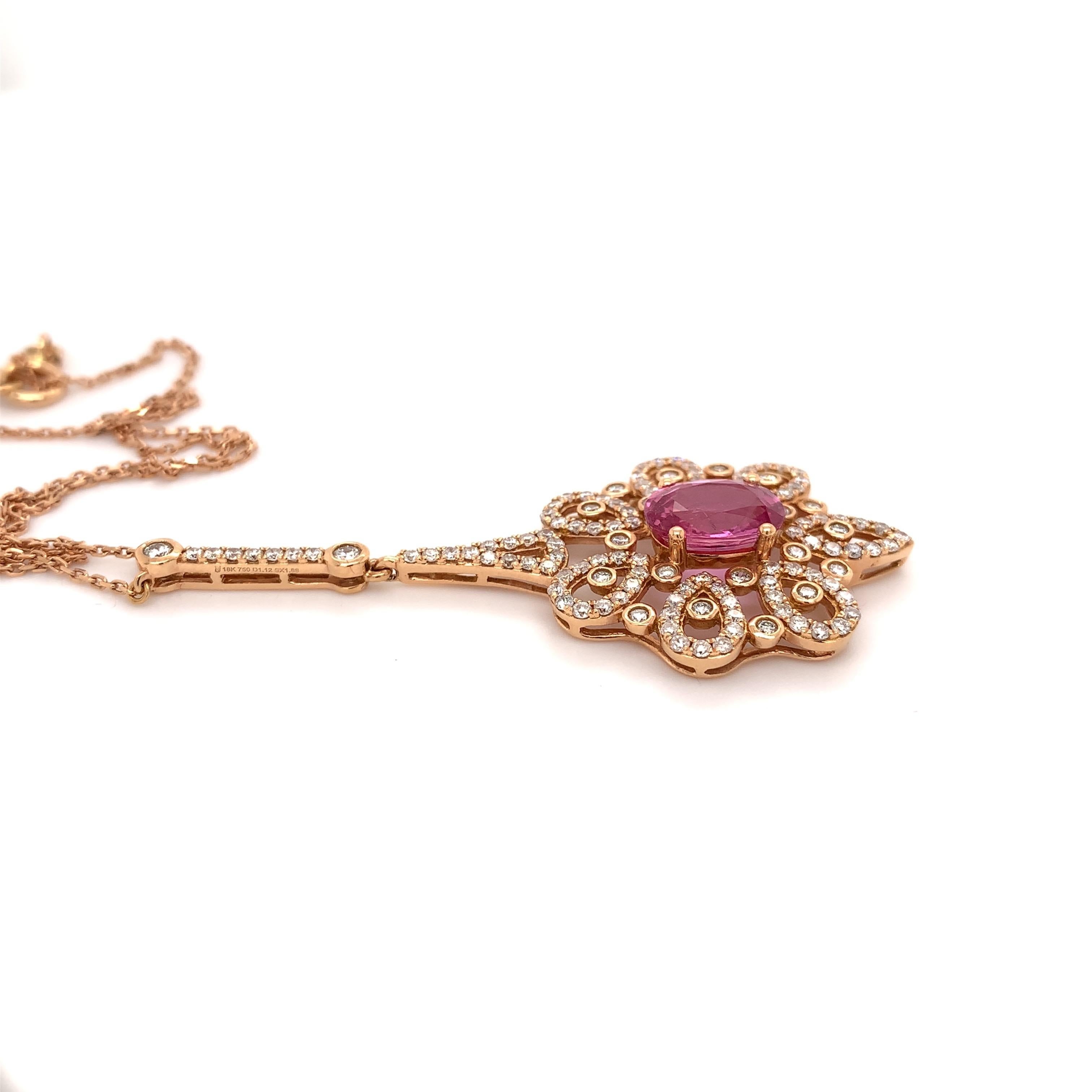 Magnificent pink sapphire diamond pendant necklace. High brilliance, oval faceted, intense pink 1.88 carats natural sapphire mounted in high profile open basket, accented with round brilliant cut diamonds. Handcrafted elegant design set in high