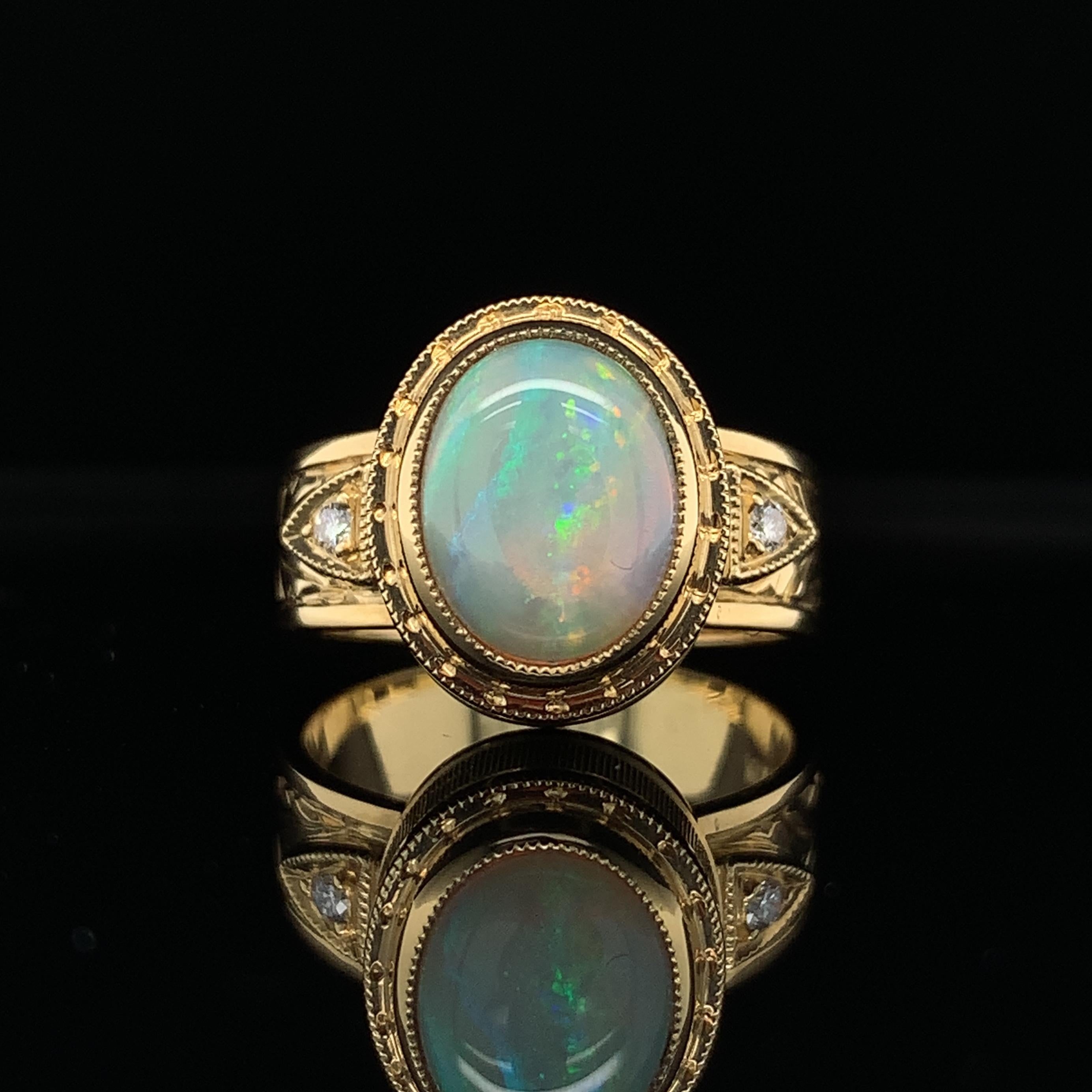 Oval Cut 1.88 Carat Lightening Ridge Opal and Diamond Band Ring in 18k Yellow Gold For Sale