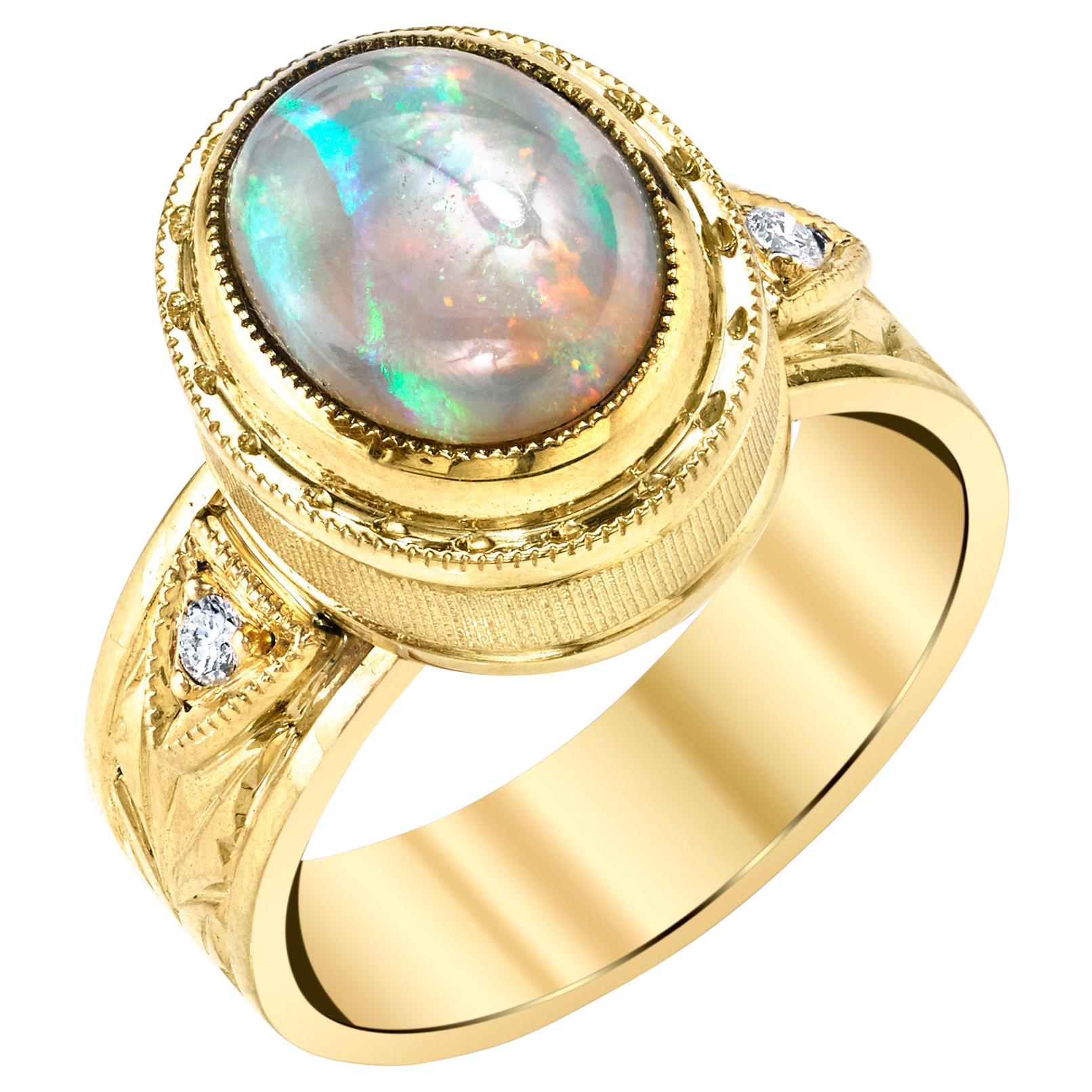 1.88 Carat Lightening Ridge Opal and Diamond Band Ring in 18k Yellow Gold For Sale