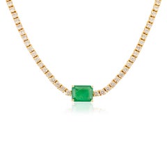 1.88 Carat Octagon Cut Emerald Diamond Chain Necklace in 14k Solid Yellow Gold