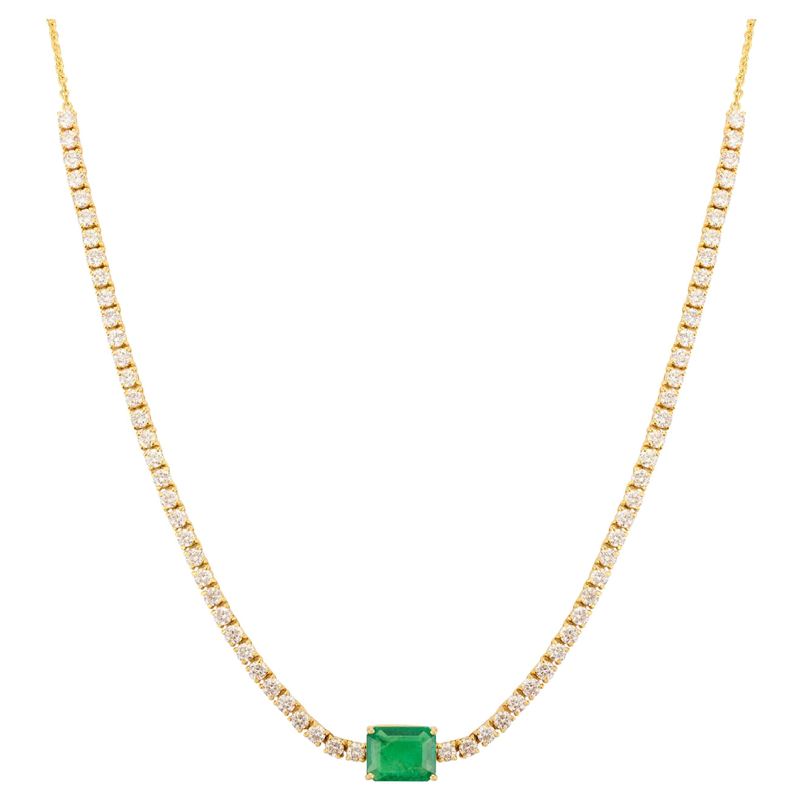 1.88 Carat Octagon Cut Emerald Diamond Chain Necklace in 14k Solid Yellow Gold