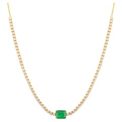 1.88 Carat Octagon Cut Emerald Diamond Chain Necklace in 14k Solid Yellow Gold