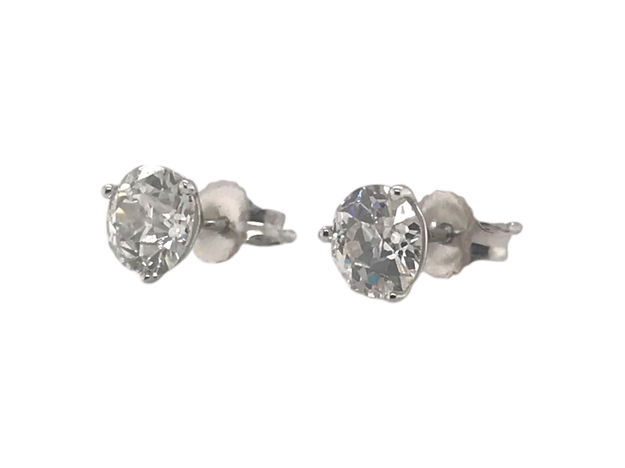 1.88 Carat Old European Cut Diamond Stud Earrings For Sale 1