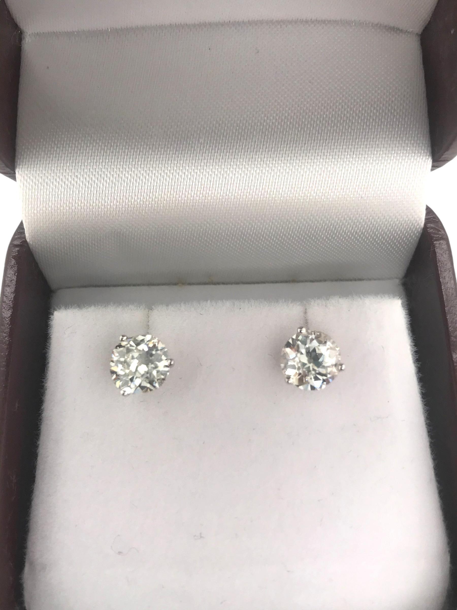 1.88 Carat Old European Cut Diamond Stud Earrings For Sale 3