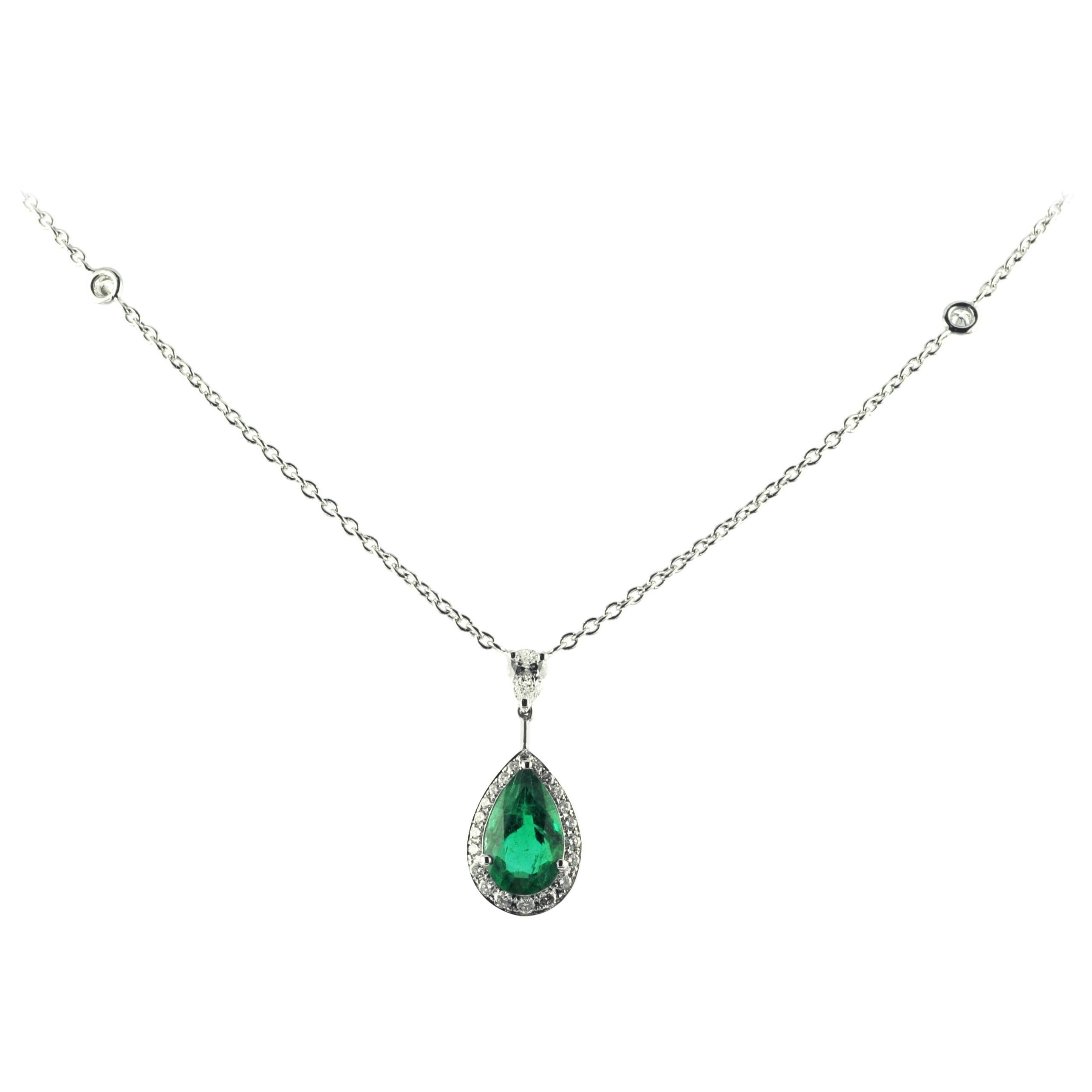 1.88 Carat Pear Shape Emerald, 0.72 Carat Diamond, 18 Karat White Gold Necklace For Sale