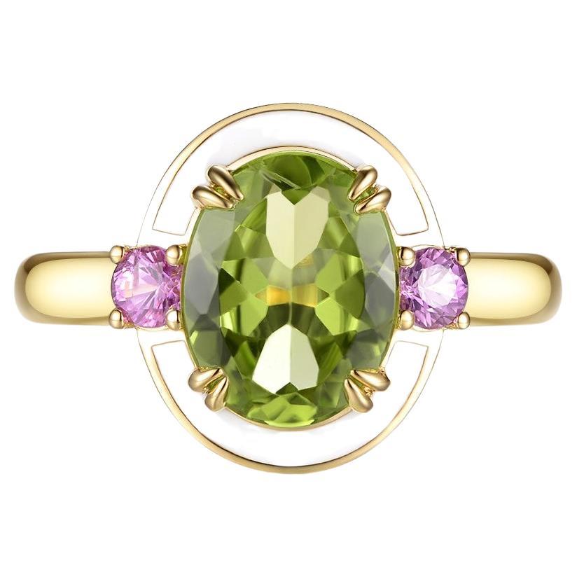 1.88 Carat Peridot Enamel Art Deco Cocktail Ring in 18k Yellow Gold For Sale