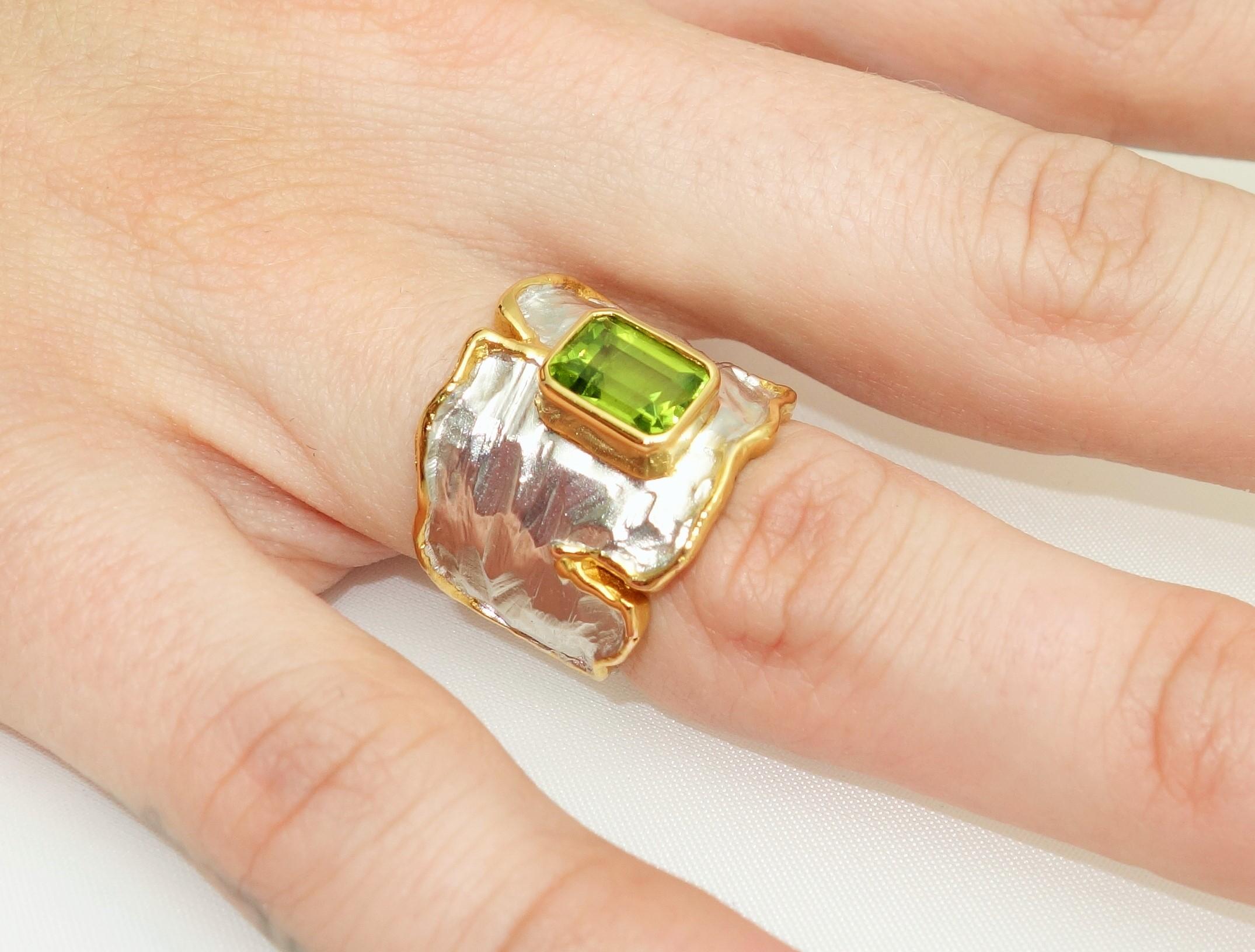 Emerald Cut 1.88 Carat Peridot Solitaire Gold and Sterling Silver Ring