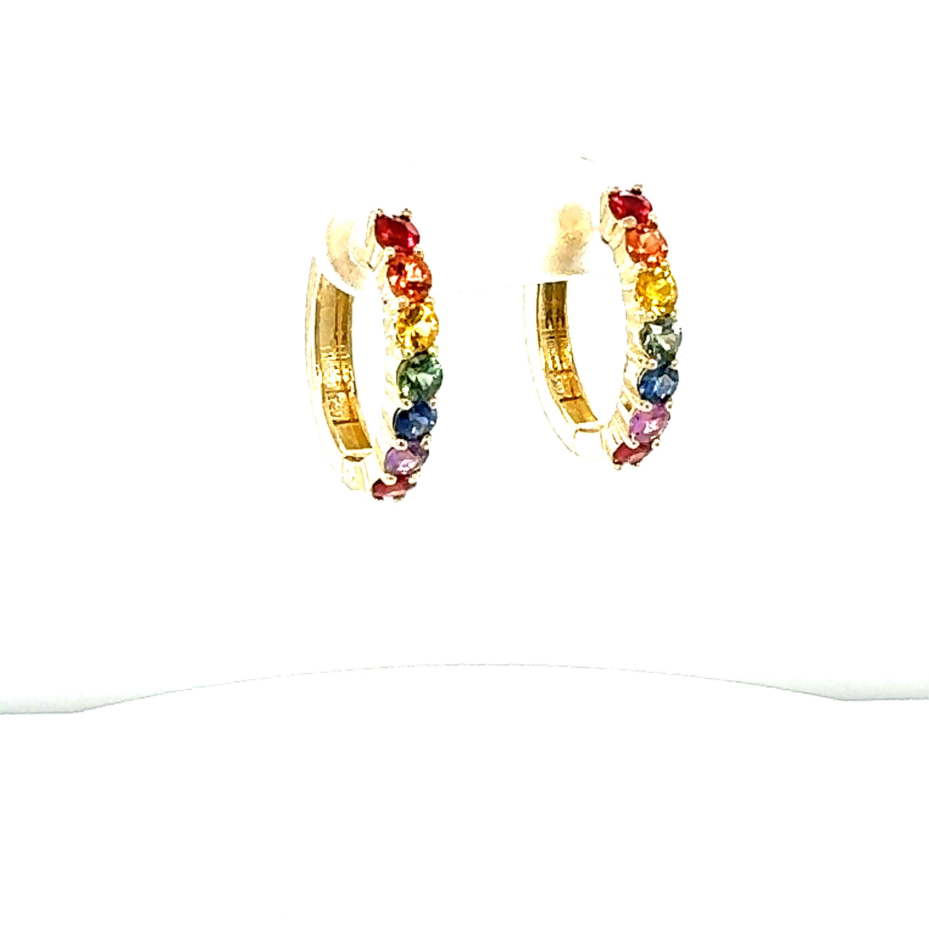 Contemporary 1.88 Carat Rainbow Sapphire Yellow Gold Hoop Earrings For Sale