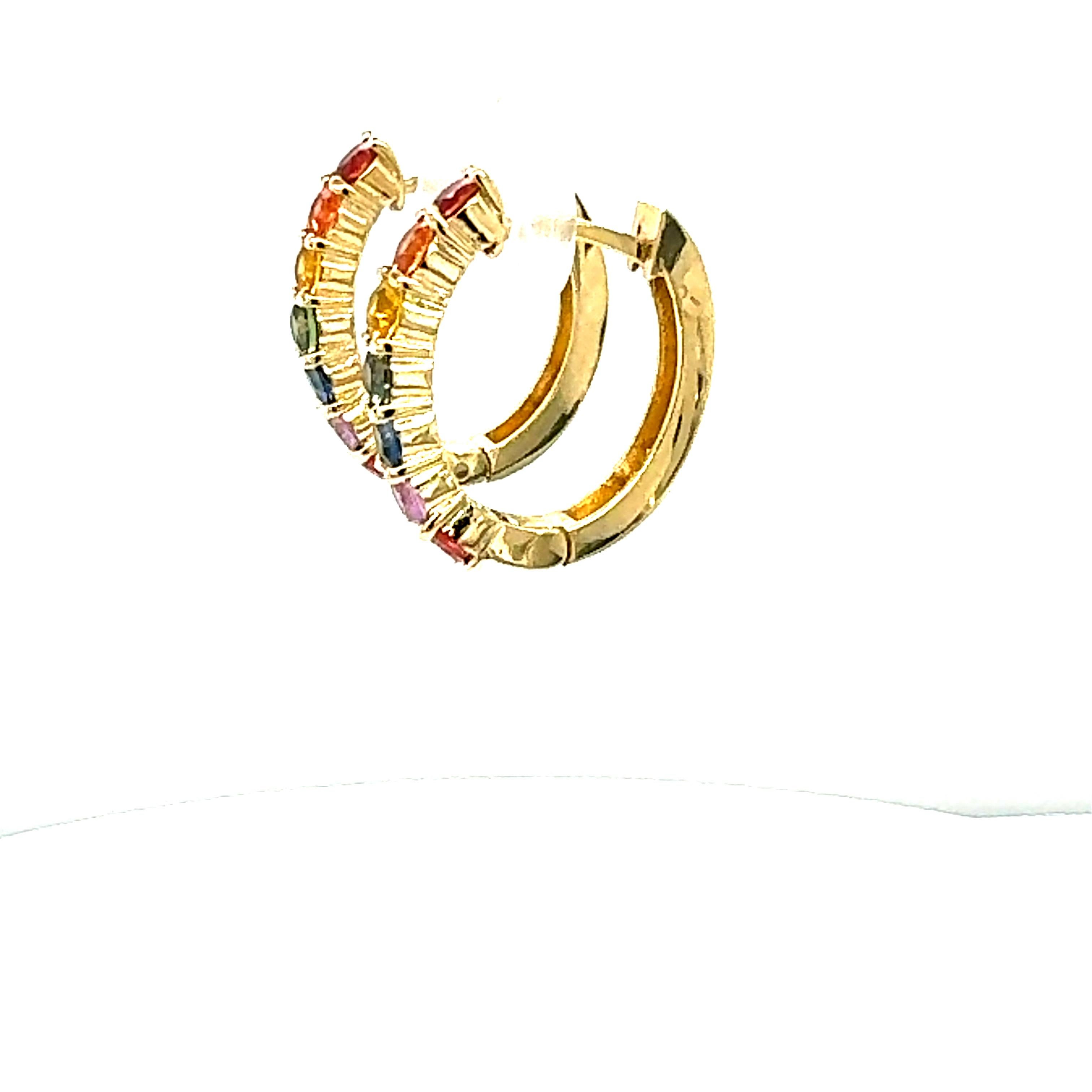 Round Cut 1.88 Carat Rainbow Sapphire Yellow Gold Hoop Earrings For Sale