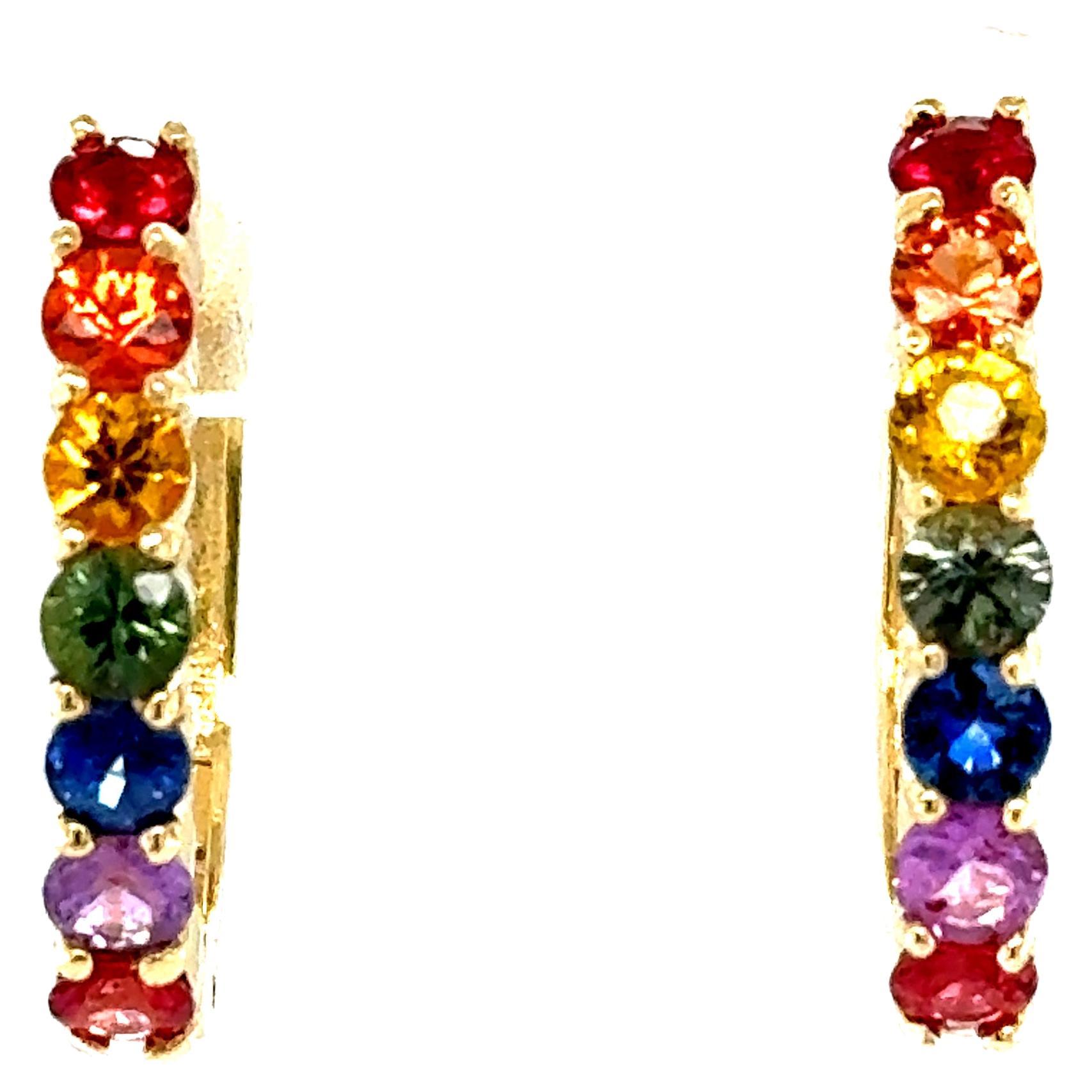 1.88 Carat Rainbow Sapphire Yellow Gold Hoop Earrings For Sale