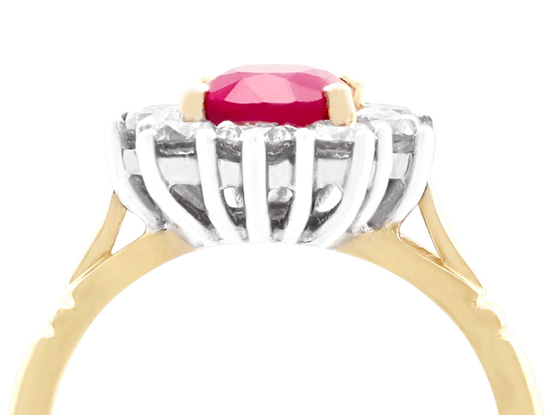 A fine and impressive vintage 1.88 carat natural ruby and 0.70 carat diamond, 18k yellow gold, 18k white gold set cluster ring; part of our vintage jewelry and estate jewelry collections.

This impressive vintage ruby ring has been crafted in 18k