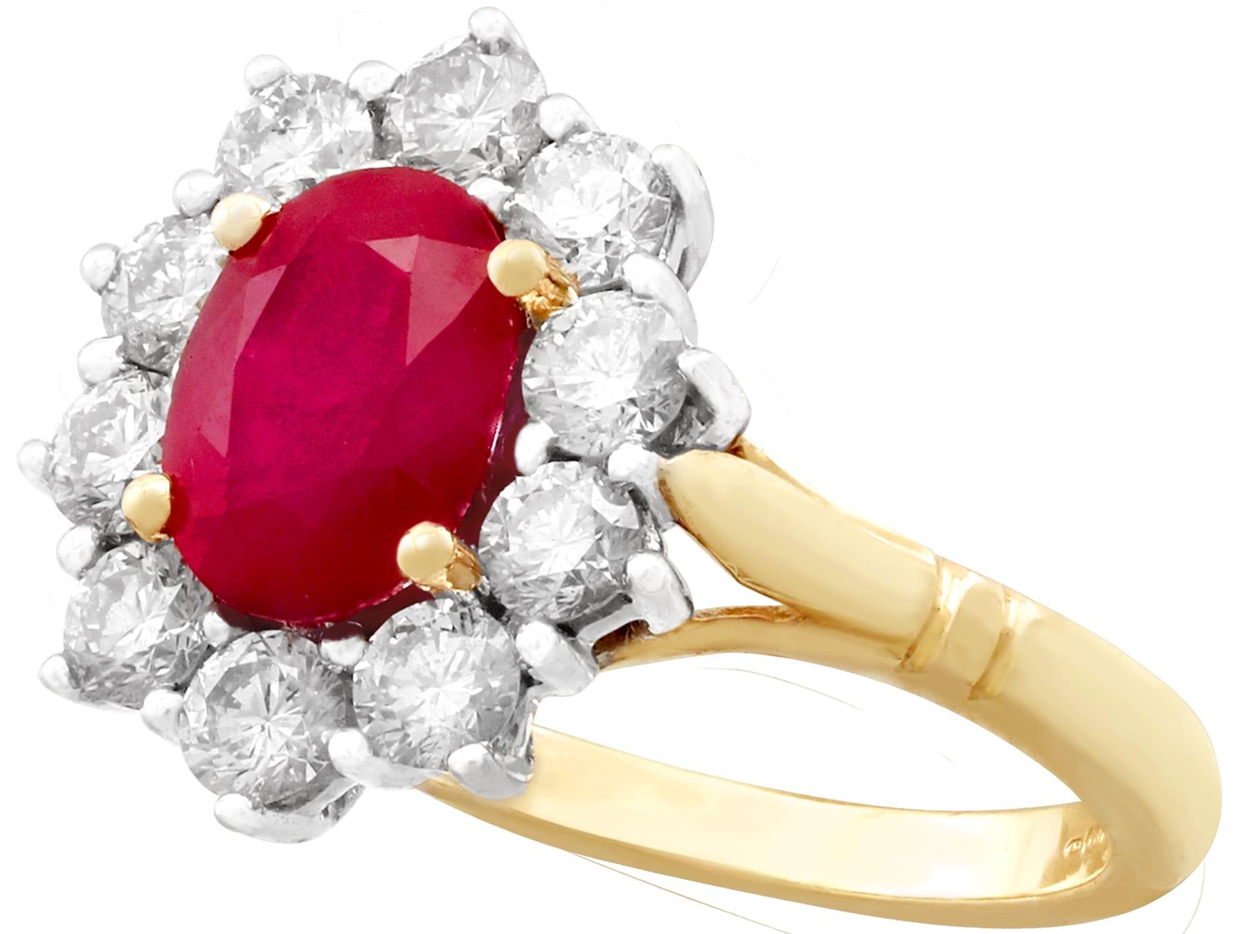 1.88 Carat Ruby and Diamond Gold Cluster Ring In Excellent Condition For Sale In Jesmond, Newcastle Upon Tyne