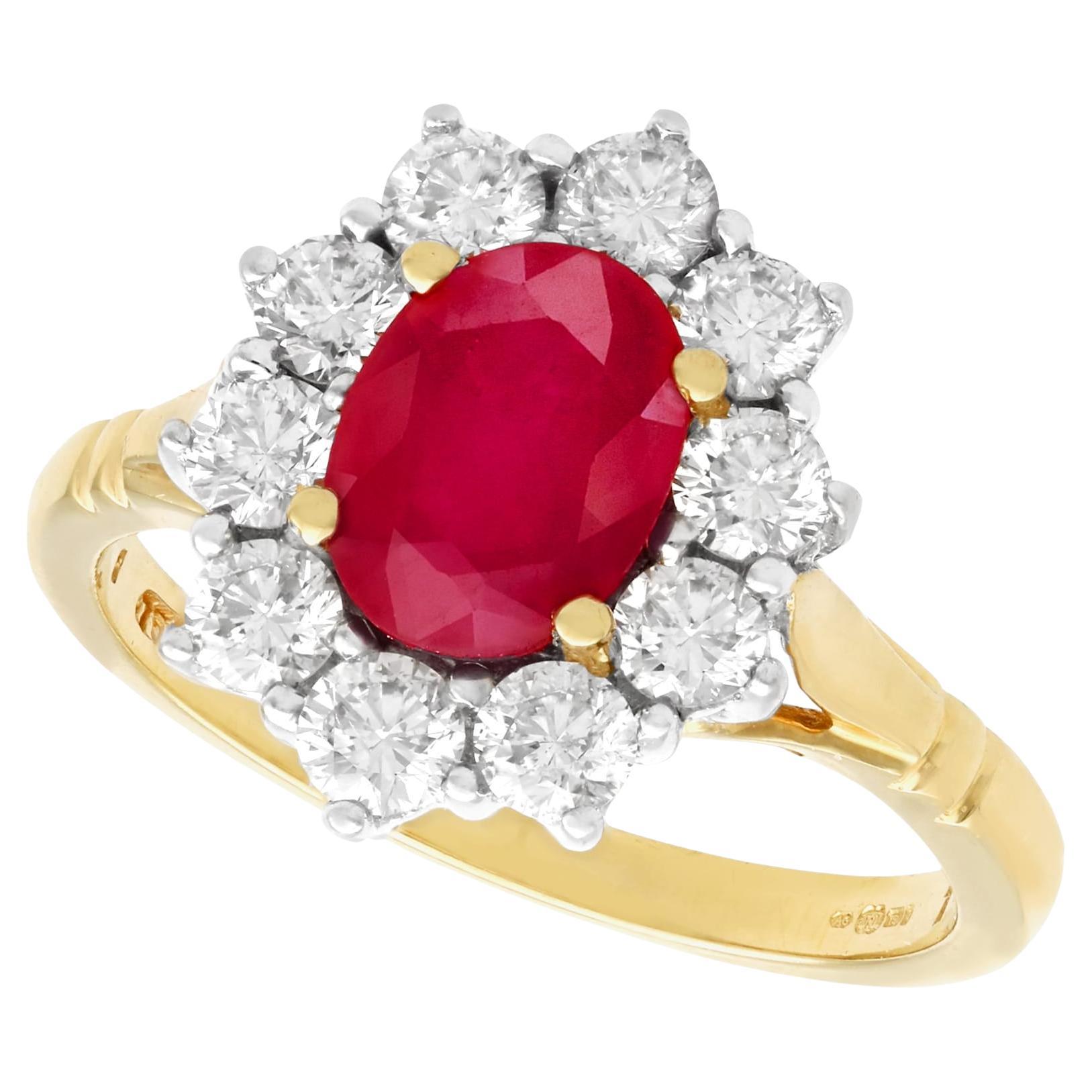 1.88 Carat Ruby and Diamond Gold Cluster Ring For Sale