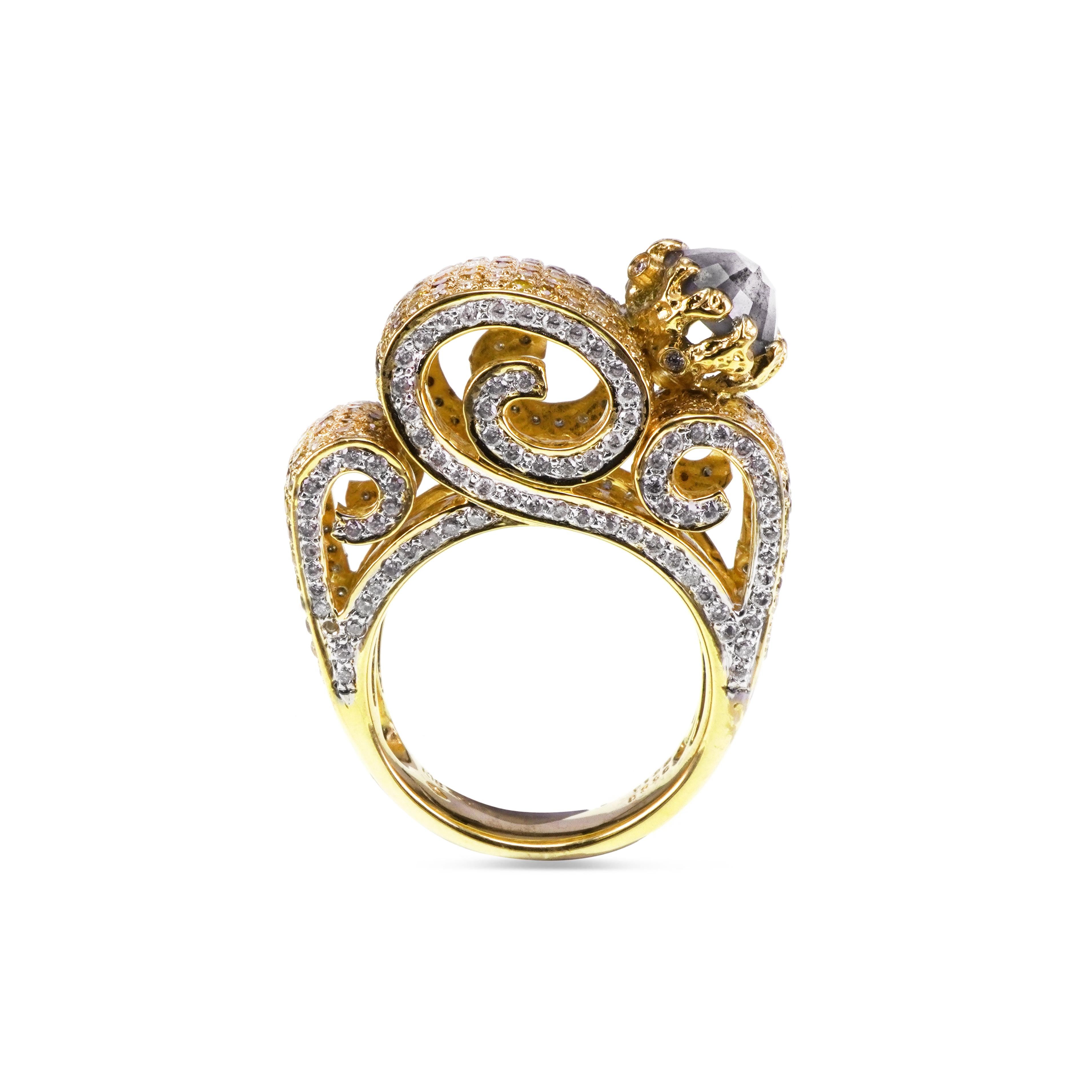 Contemporary 1.88 Carat Salt and Pepper Diamond Cocktail Imperfect 18K Heavy Gold Ring