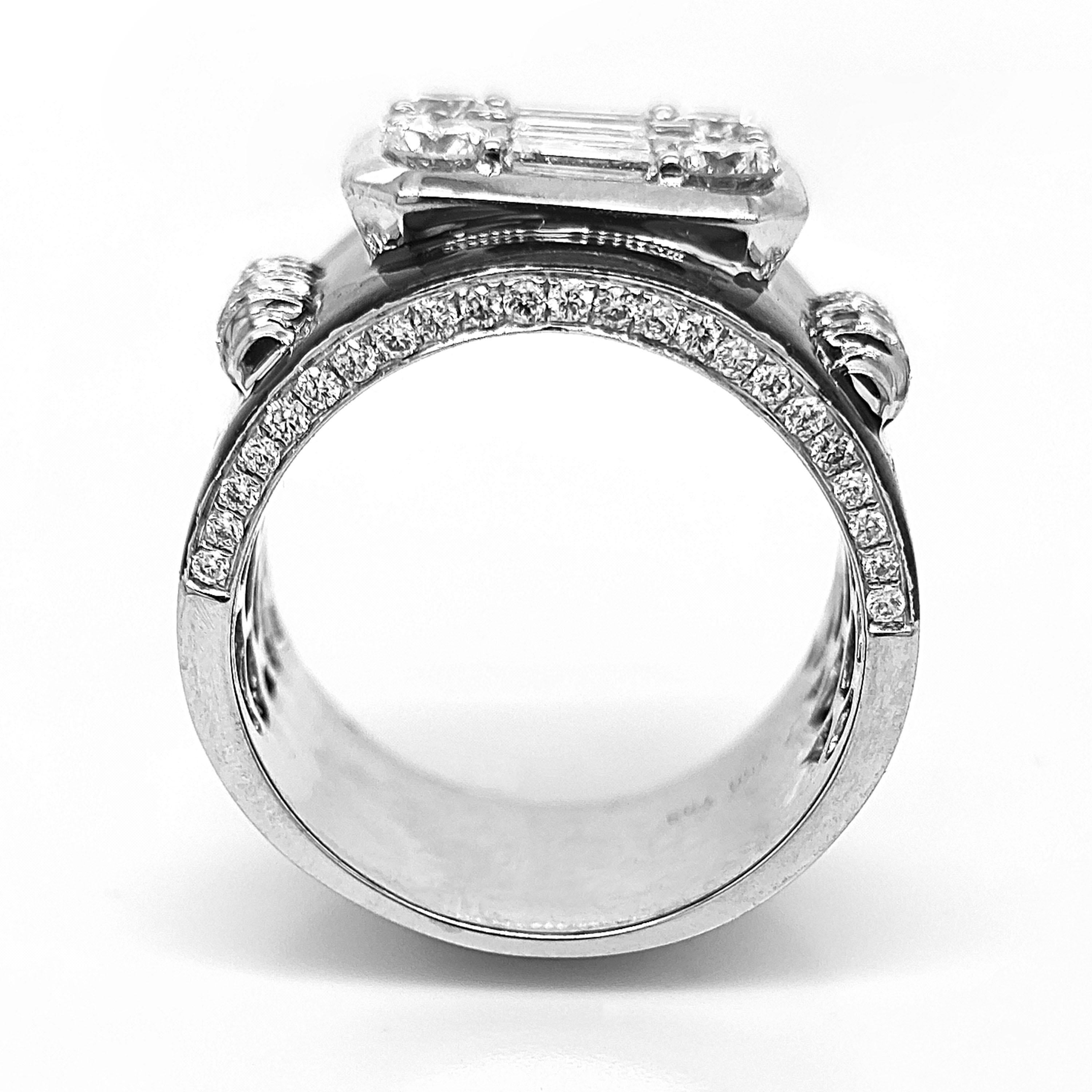 74 White Round Diamonds: 1.05 Carats
8 Baguette Diamonds: 0.83 Carats
Metal: 18K White Gold, 15.22 Grams
