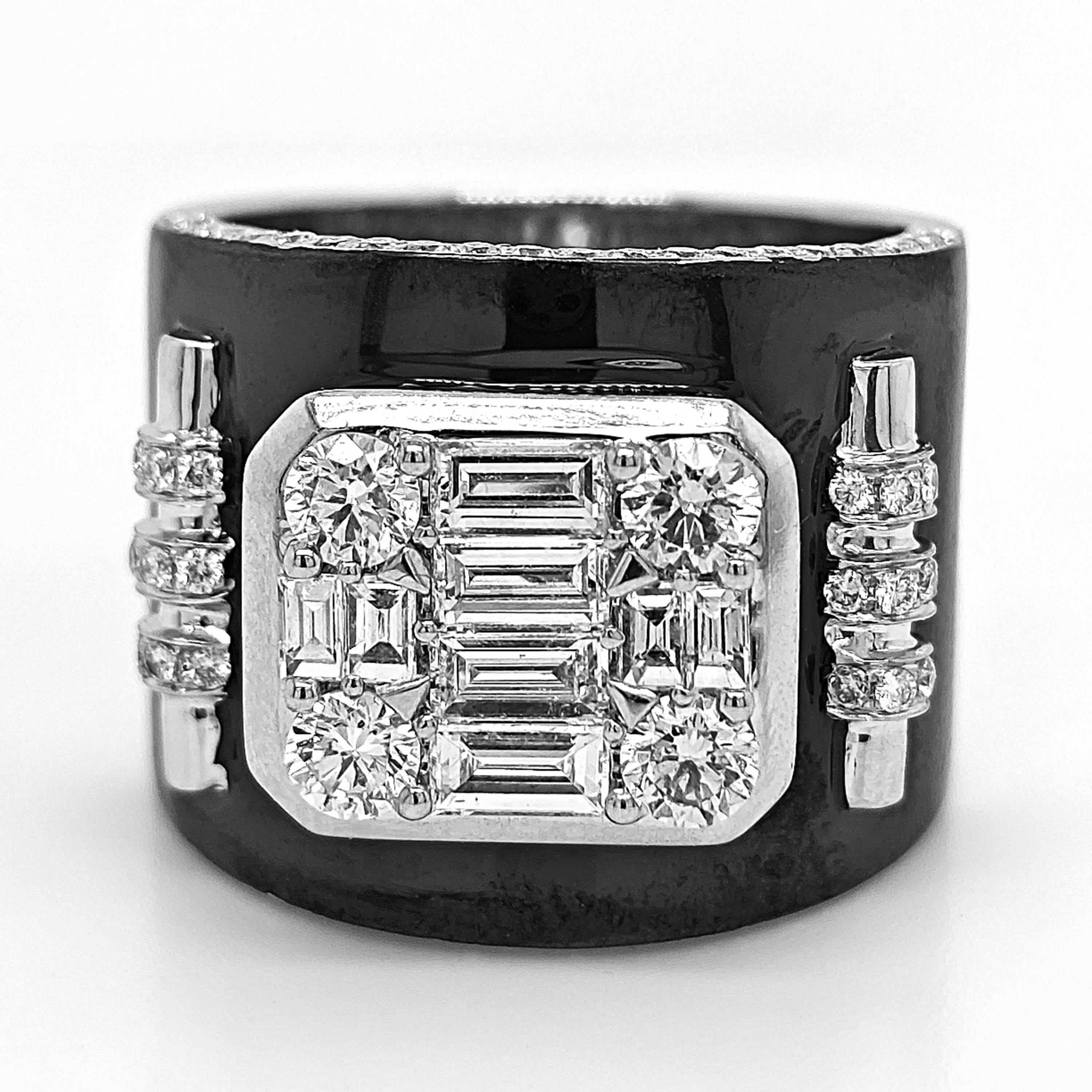 Mixed Cut 1.88 Carat White Diamond White Gold Onyx Ring For Sale