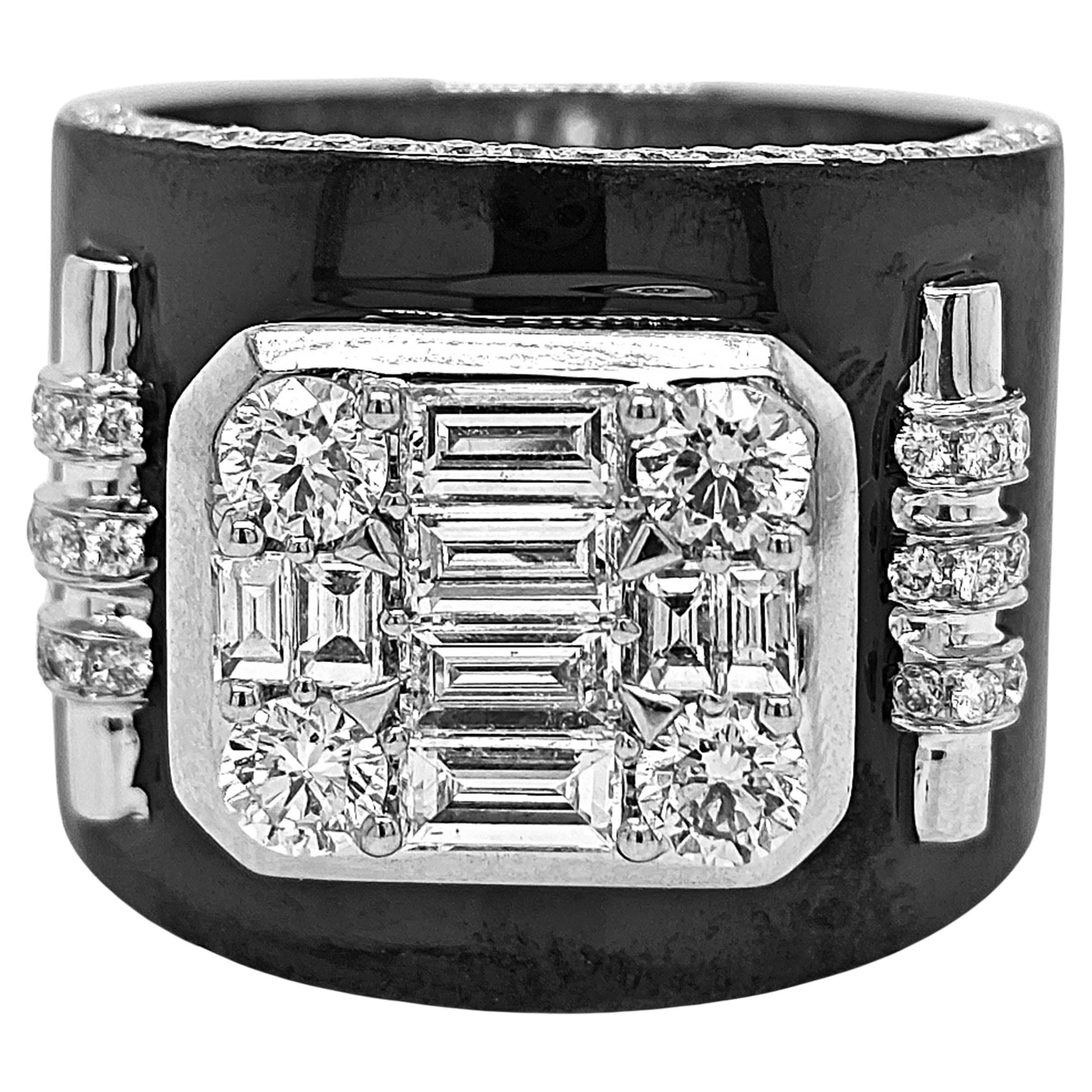 1.88 Carat White Diamond White Gold Onyx Ring